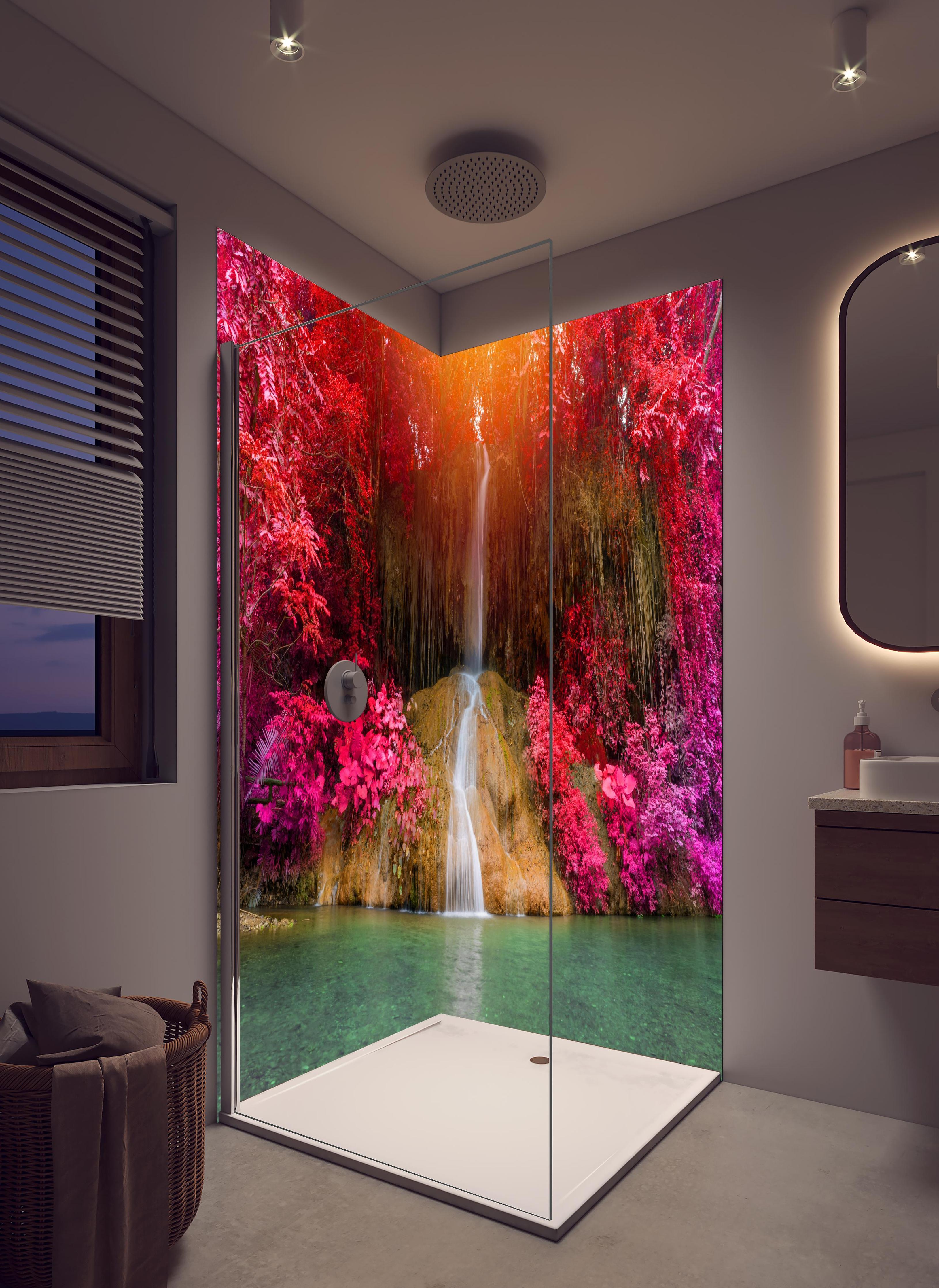 Duschrückwand - Atemberaubender Phu sang Wasserfall in hellem Badezimmer mit Regenduschkopf - zweiteilige Eck-Duschrückwand