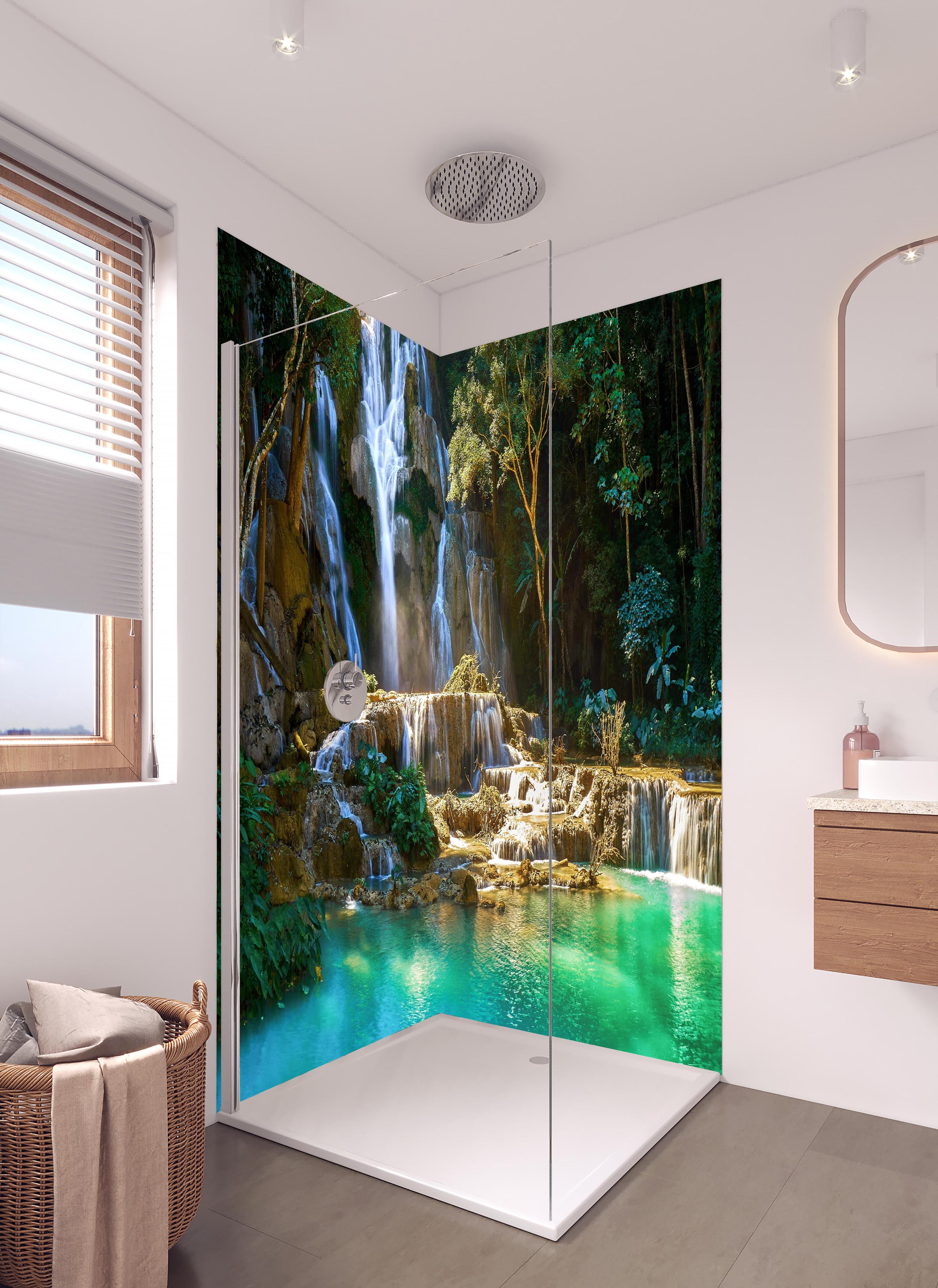 Duschrückwand - Atemberaubender Wasserfall in Laos in hellem Badezimmer mit Regenduschkopf - zweiteilige Eck-Duschrückwand