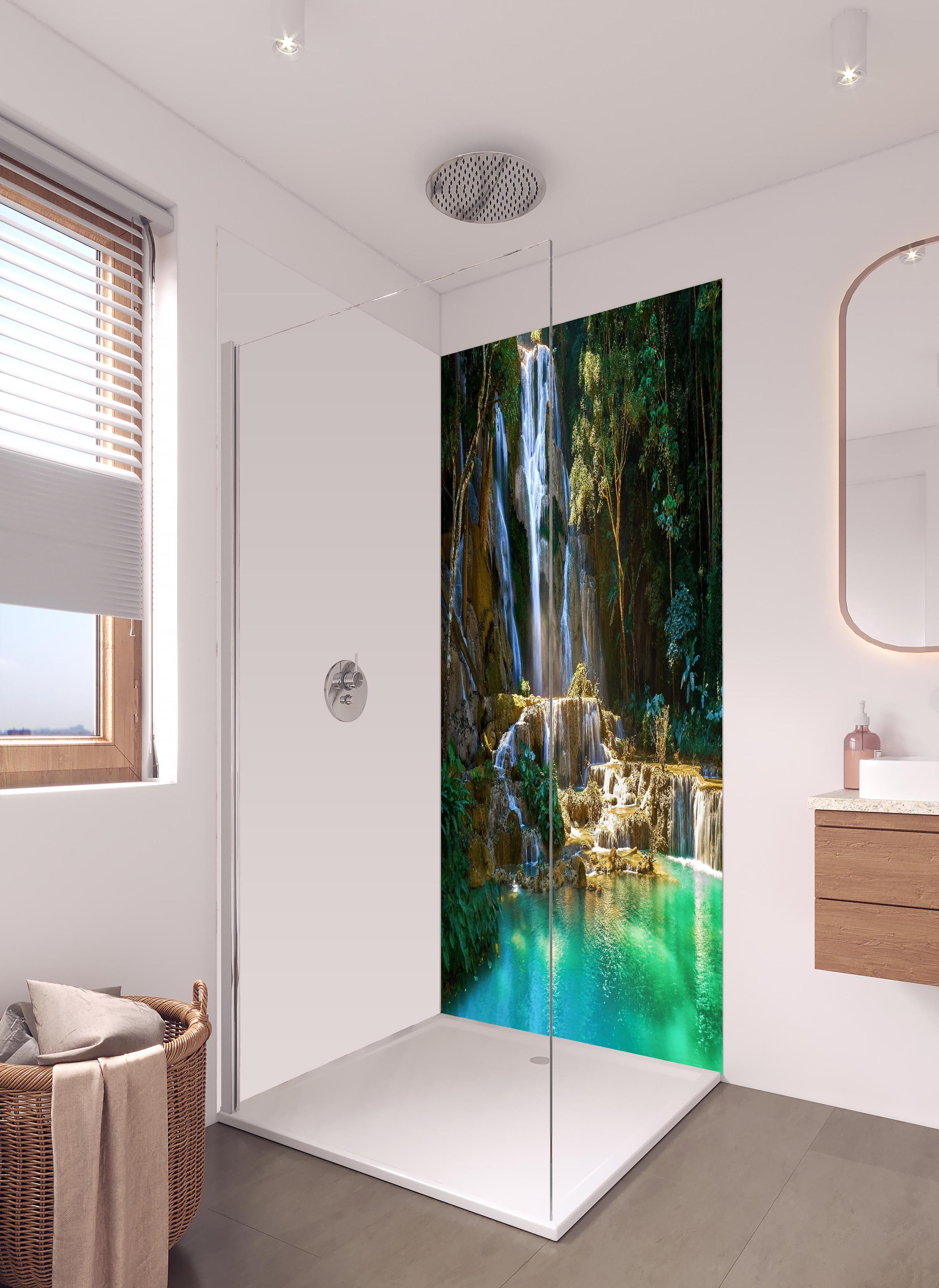 Duschrückwand - Atemberaubender Wasserfall in Laos in hellem Badezimmer mit Regenduschkopf - zweiteilige Eck-Duschrückwand