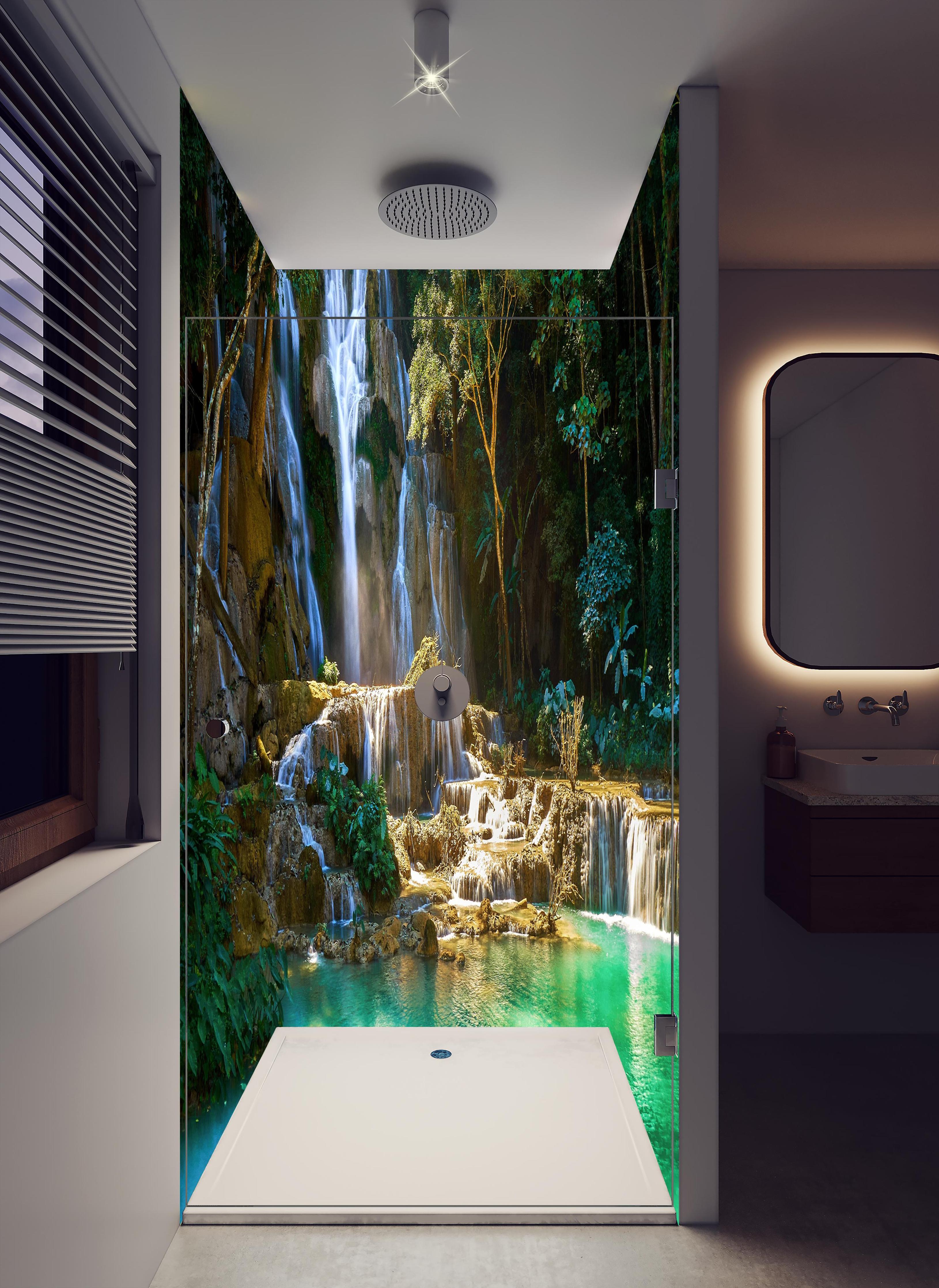 Duschrückwand - Atemberaubender Wasserfall in Laos in hellem Badezimmer mit Regenduschkopf - zweiteilige Eck-Duschrückwand