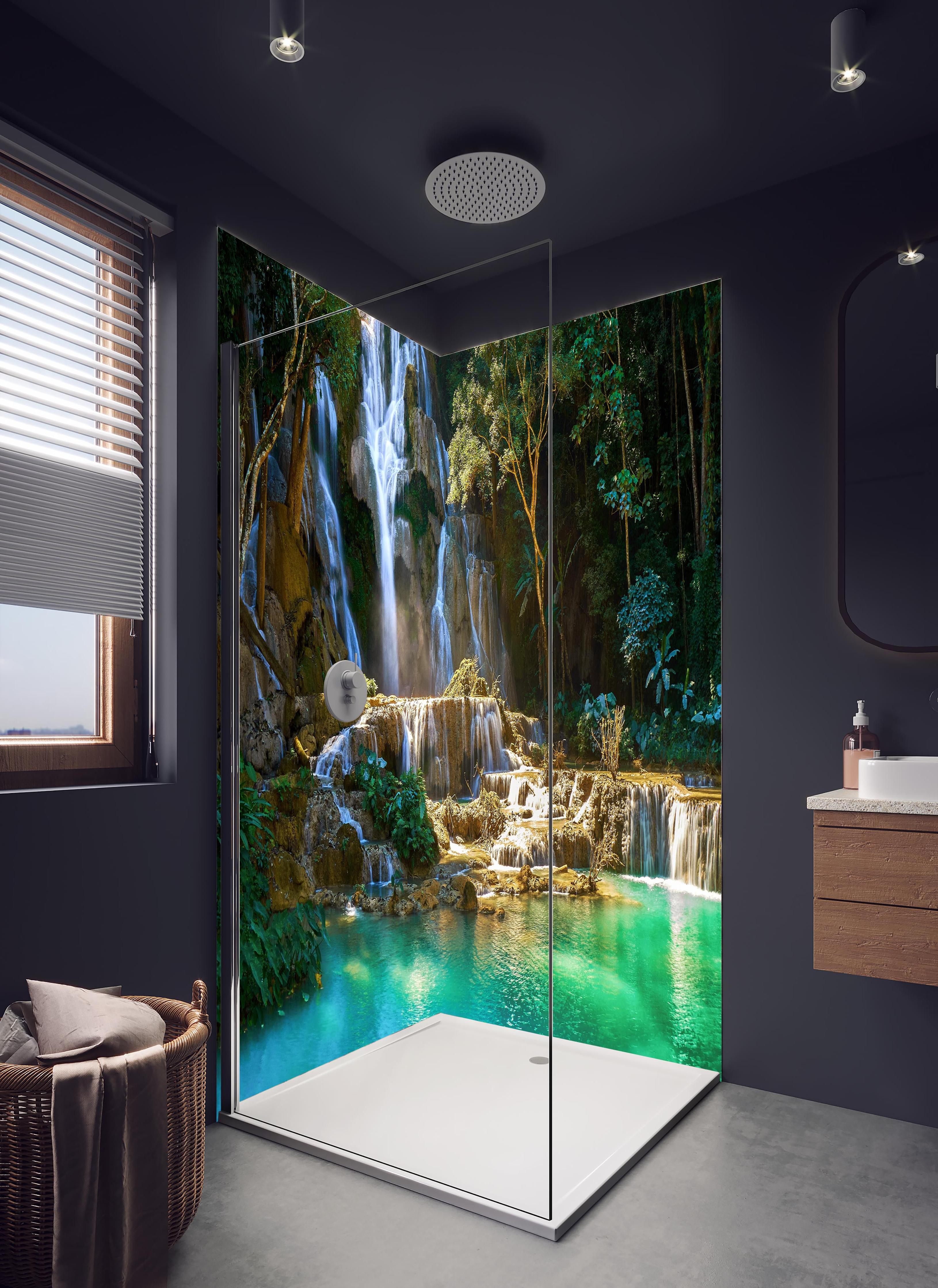 Duschrückwand - Atemberaubender Wasserfall in Laos in hellem Badezimmer mit Regenduschkopf - zweiteilige Eck-Duschrückwand