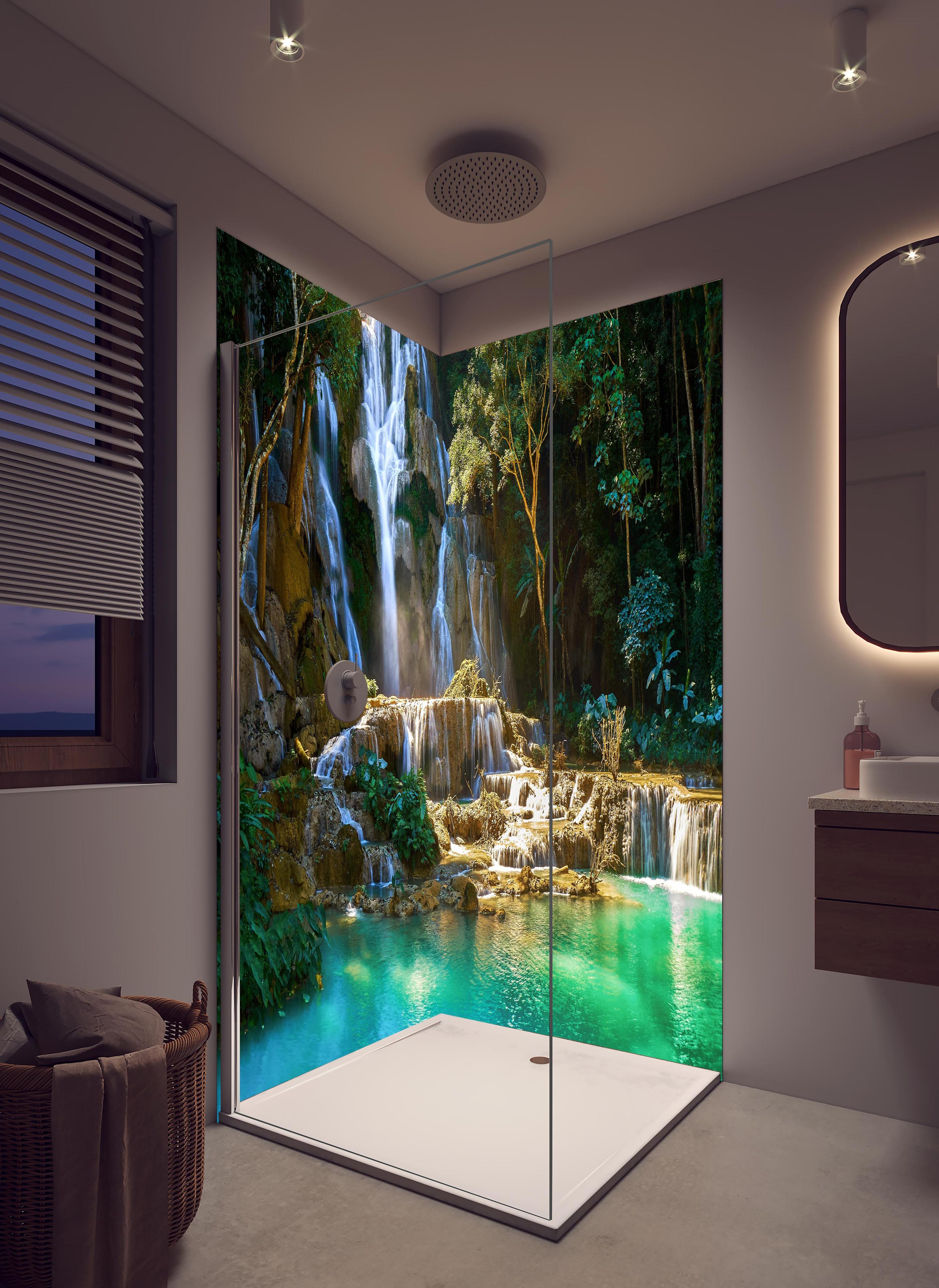 Duschrückwand - Atemberaubender Wasserfall in Laos in hellem Badezimmer mit Regenduschkopf - zweiteilige Eck-Duschrückwand