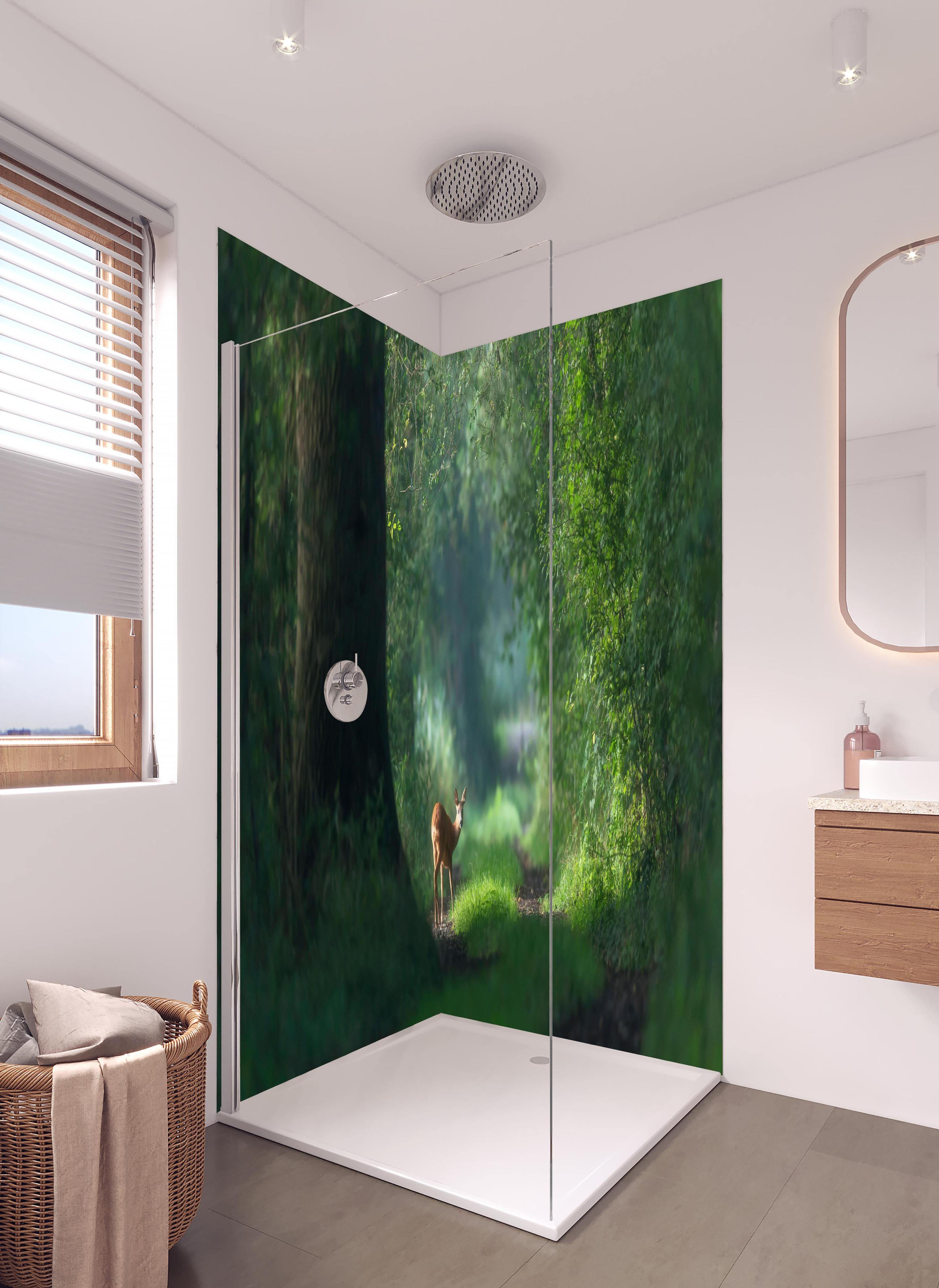 Duschrückwand - Aufmerksames Rehwild im Wald in hellem Badezimmer mit Regenduschkopf - zweiteilige Eck-Duschrückwand