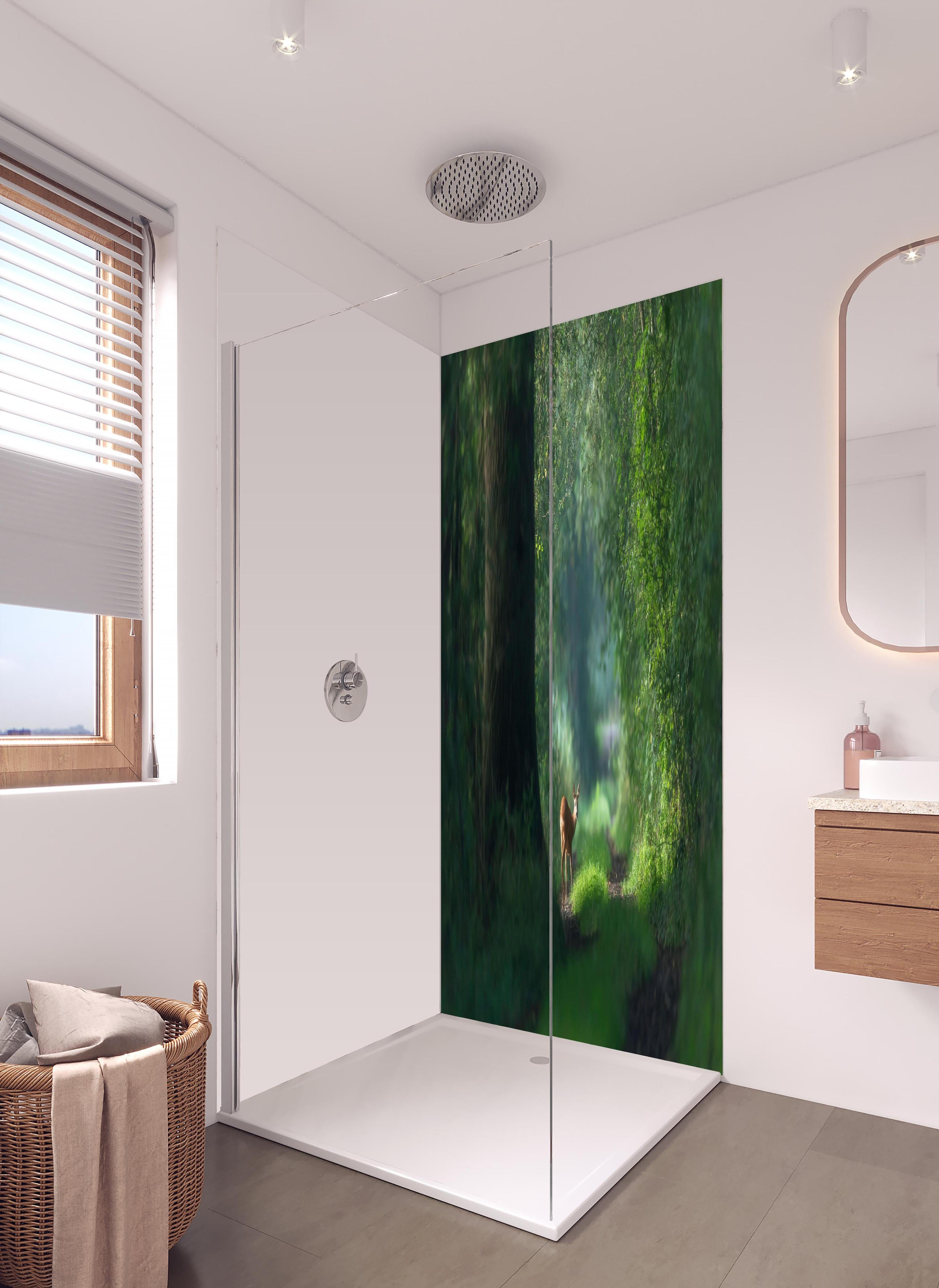 Duschrückwand - Aufmerksames Rehwild im Wald in hellem Badezimmer mit Regenduschkopf - zweiteilige Eck-Duschrückwand