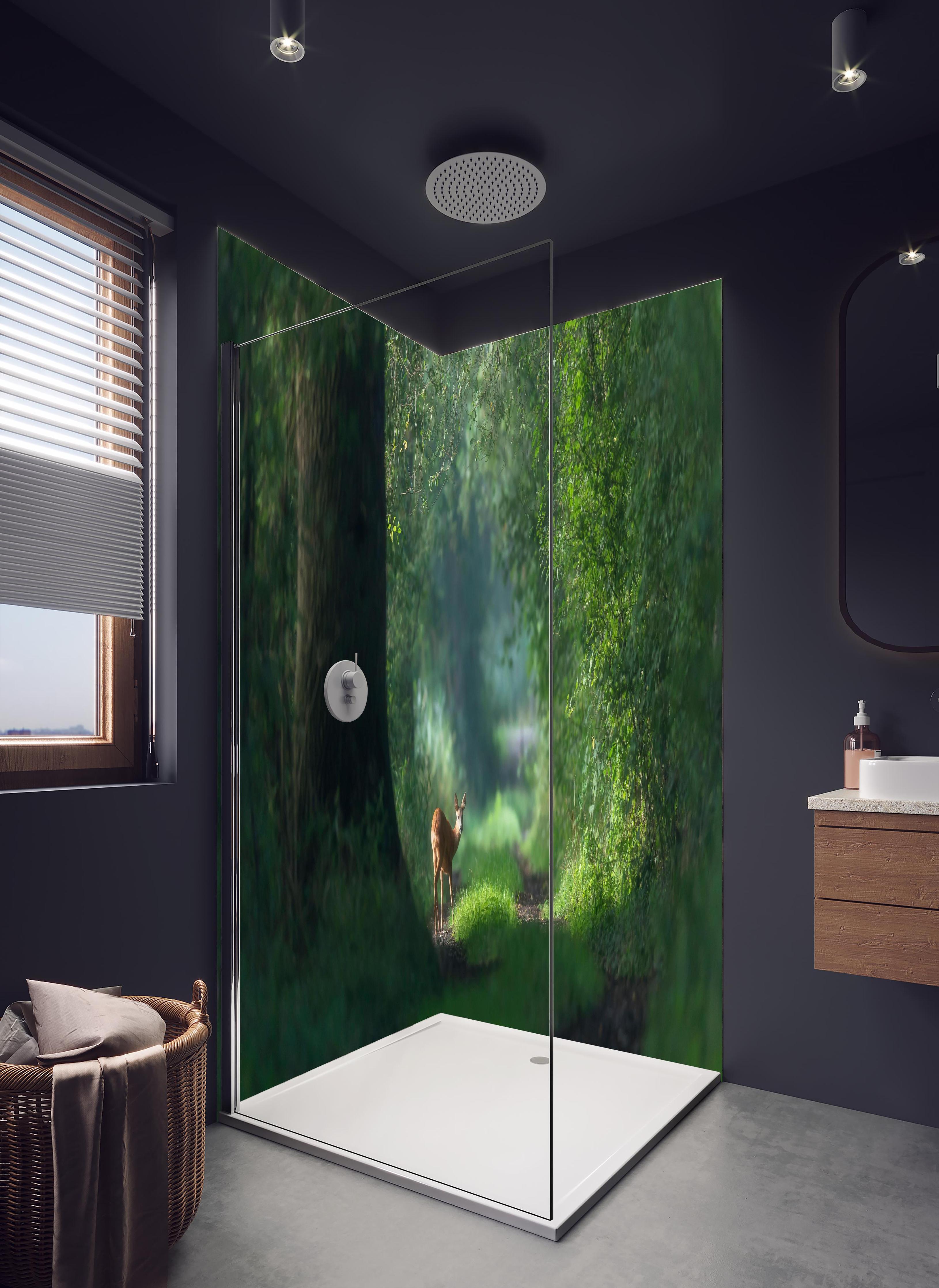 Duschrückwand - Aufmerksames Rehwild im Wald in hellem Badezimmer mit Regenduschkopf - zweiteilige Eck-Duschrückwand
