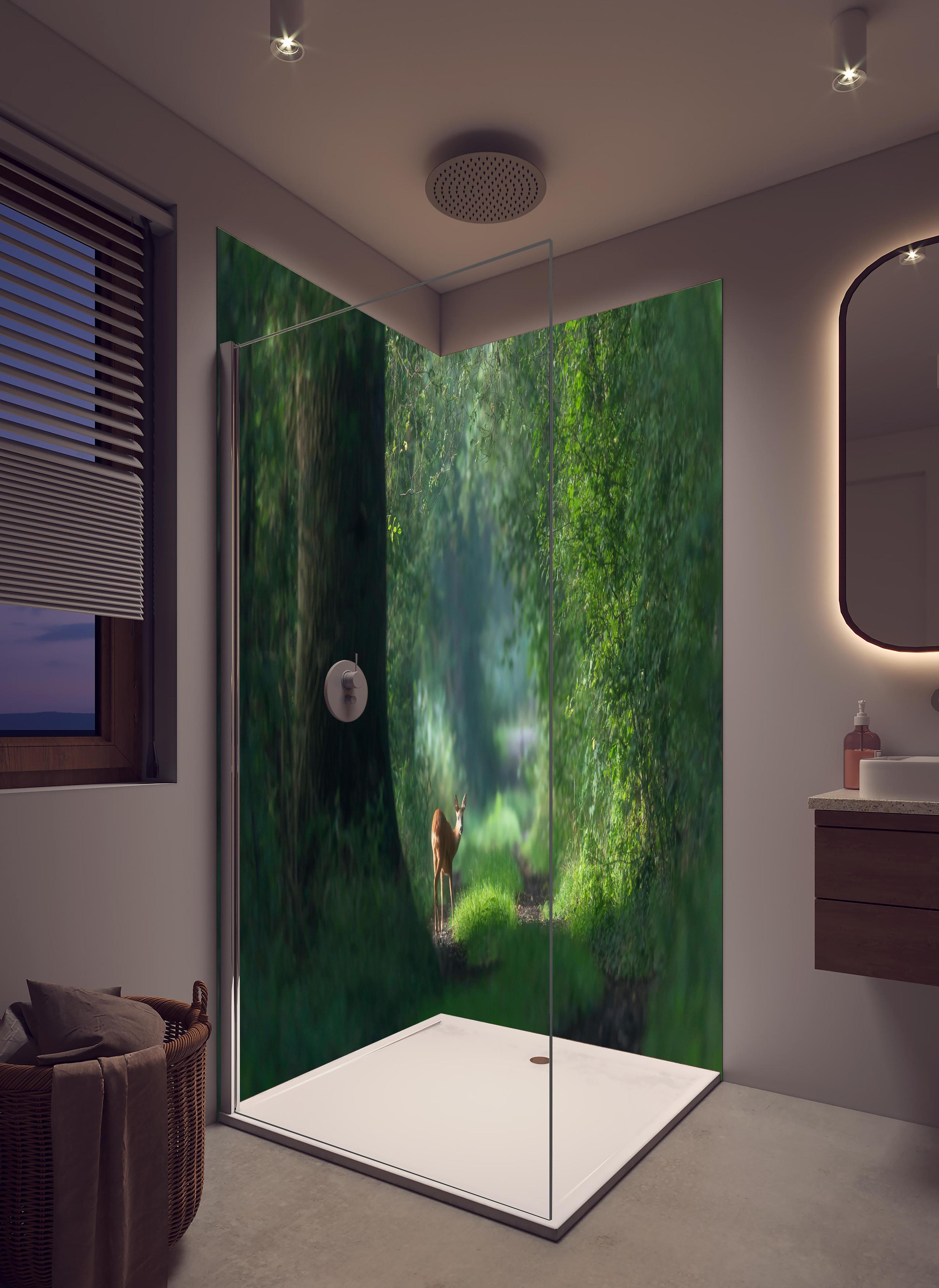 Duschrückwand - Aufmerksames Rehwild im Wald in hellem Badezimmer mit Regenduschkopf - zweiteilige Eck-Duschrückwand