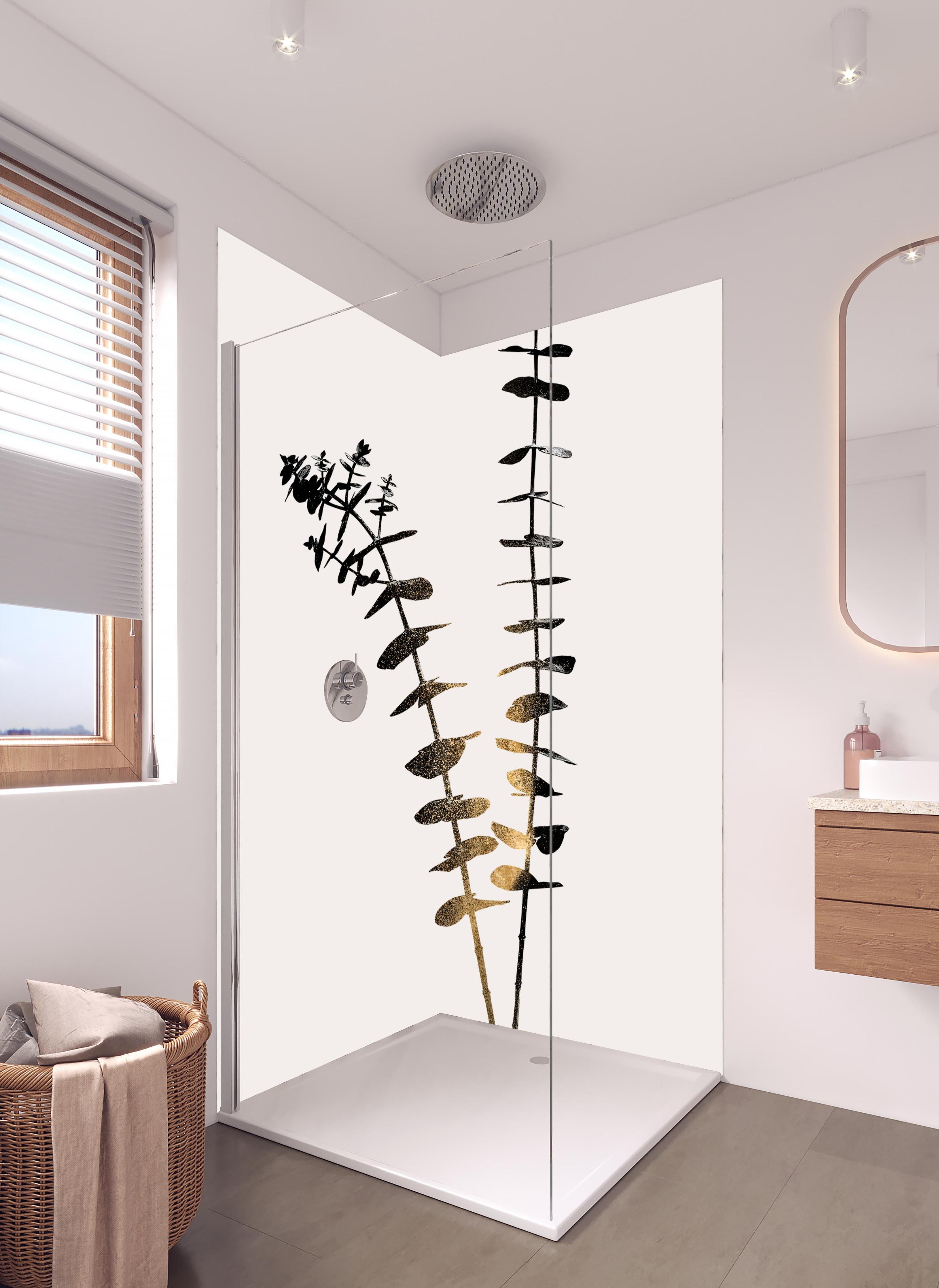 Duschrückwand - Aukalyptus Pflanze - Grafik in hellem Badezimmer mit Regenduschkopf - zweiteilige Eck-Duschrückwand