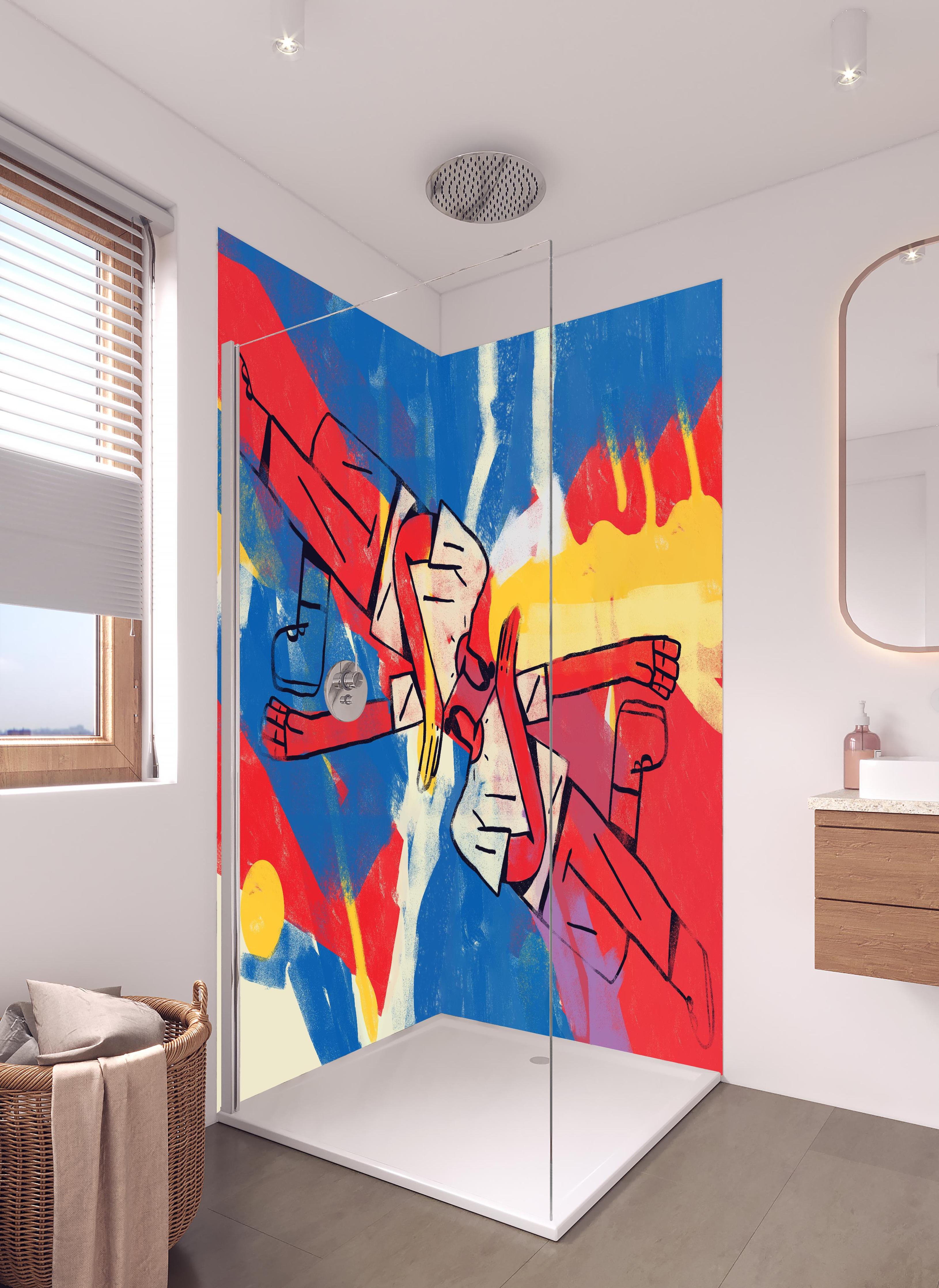 Duschrückwand - Ausgewogene Formen - Abstrakt in hellem Badezimmer mit Regenduschkopf - zweiteilige Eck-Duschrückwand