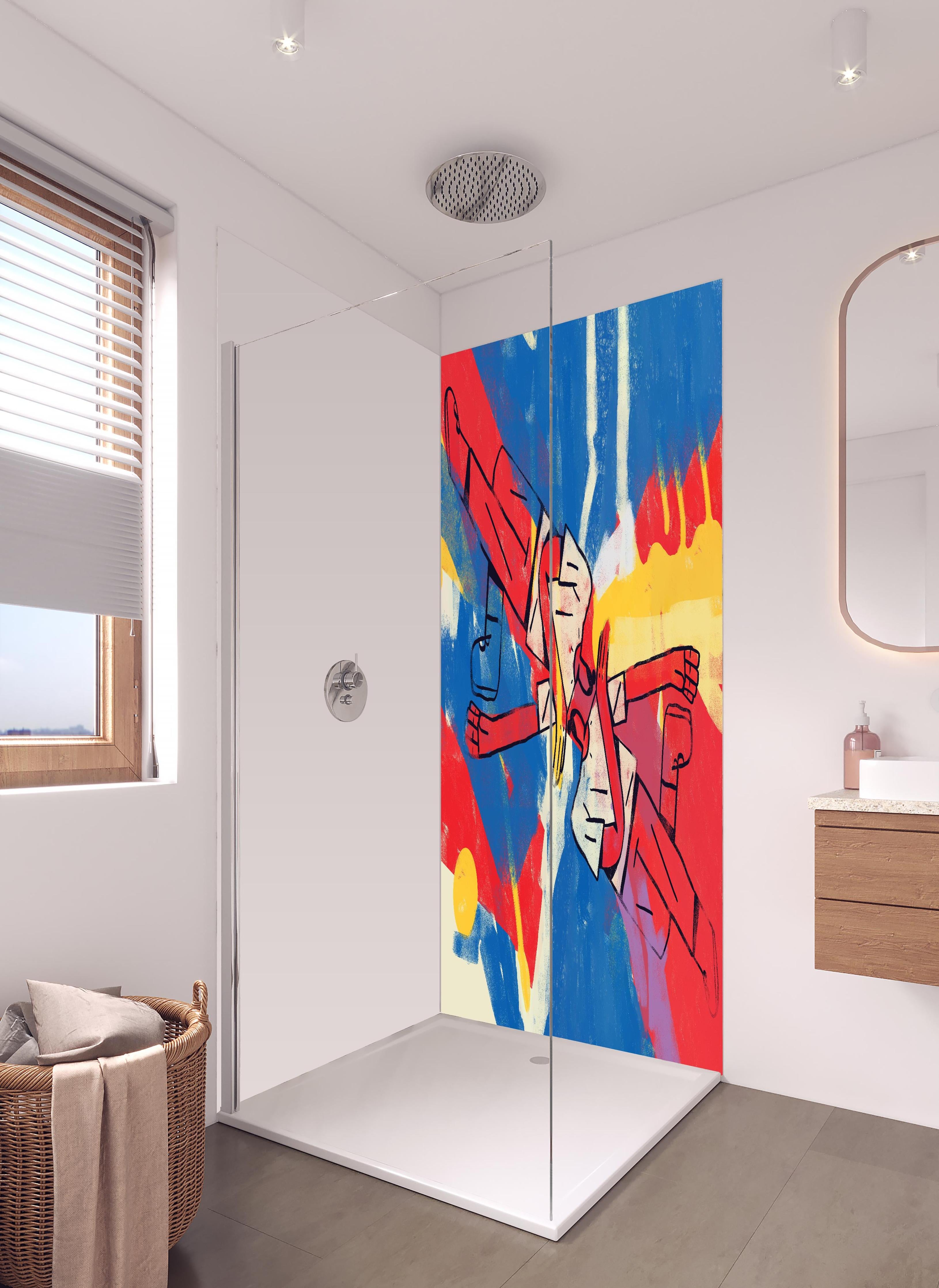 Duschrückwand - Ausgewogene Formen - Abstrakt in hellem Badezimmer mit Regenduschkopf - zweiteilige Eck-Duschrückwand