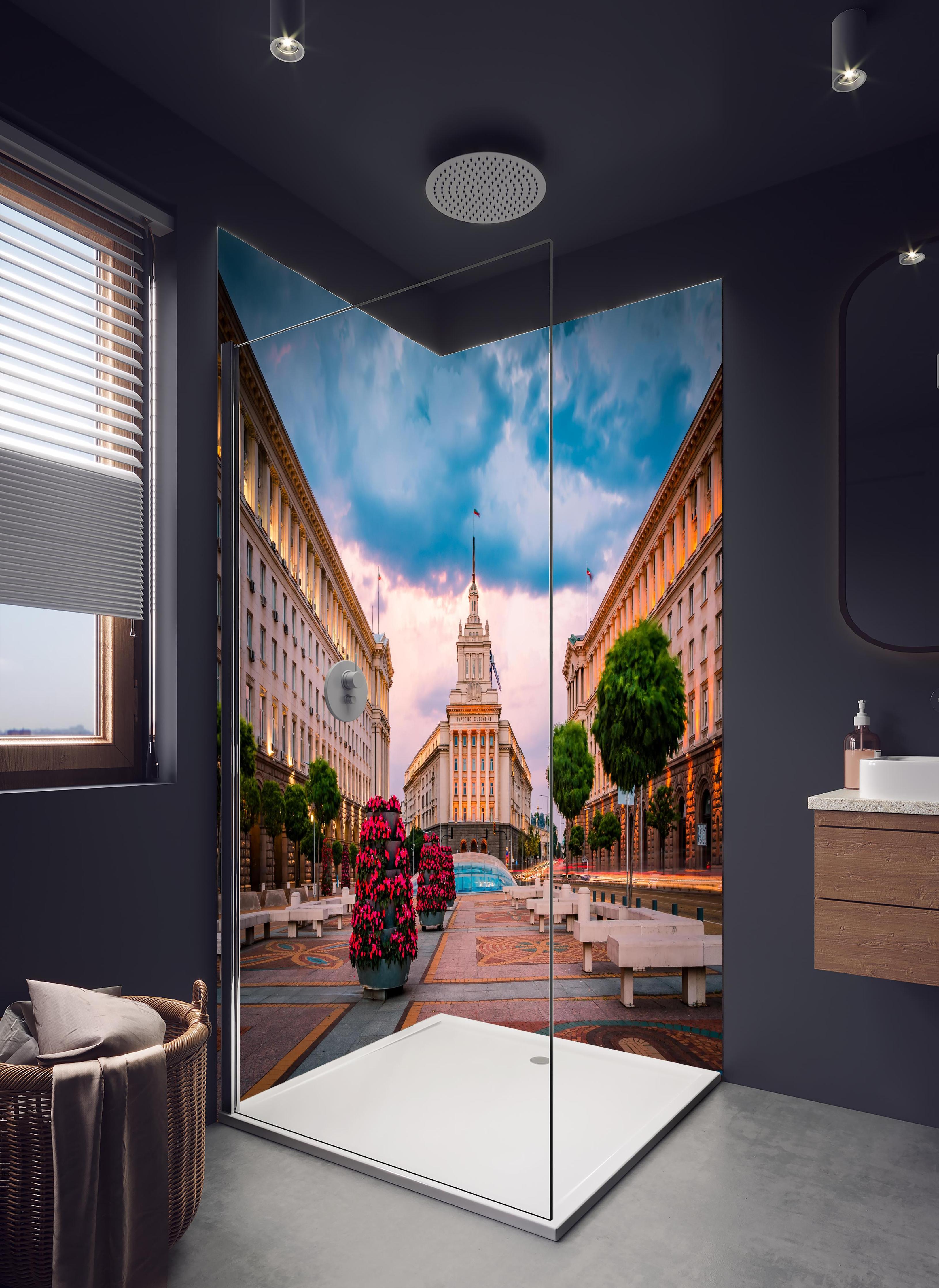 Duschrückwand - Aussicht auf das Stadtzentrum von Sofia in hellem Badezimmer mit Regenduschkopf - zweiteilige Eck-Duschrückwand