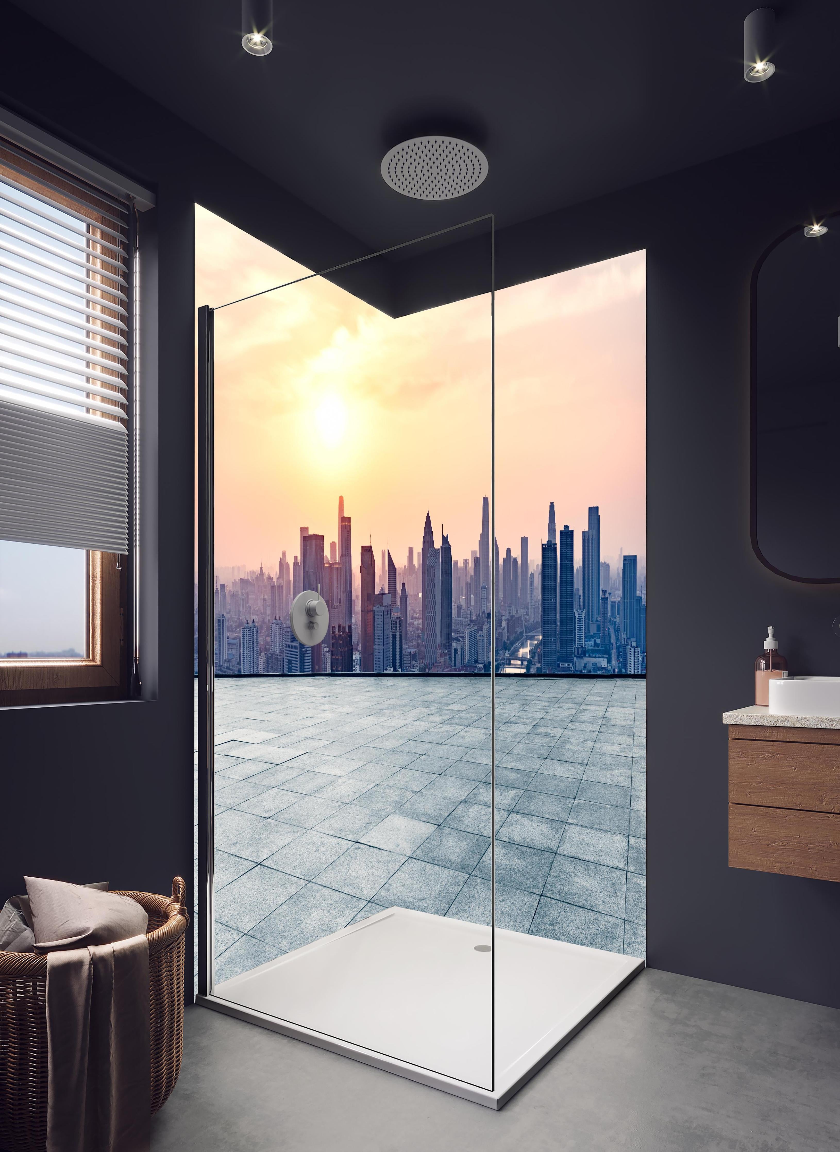 Duschrückwand - Aussicht auf die Skyline von Tianjin in hellem Badezimmer mit Regenduschkopf - zweiteilige Eck-Duschrückwand