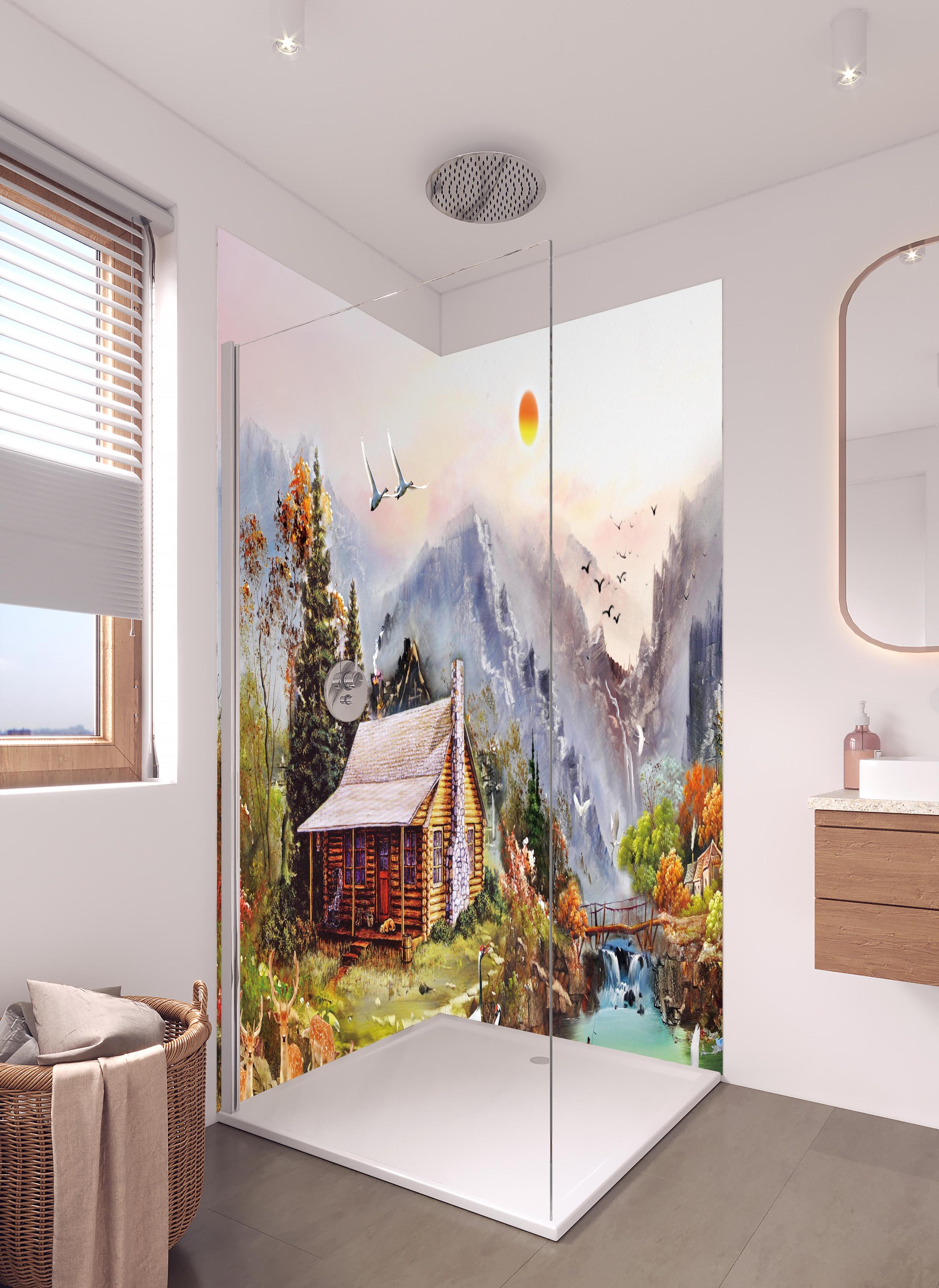 Duschrückwand - Aussicht auf eine einsame Hütte am Fluss in hellem Badezimmer mit Regenduschkopf - zweiteilige Eck-Duschrückwand