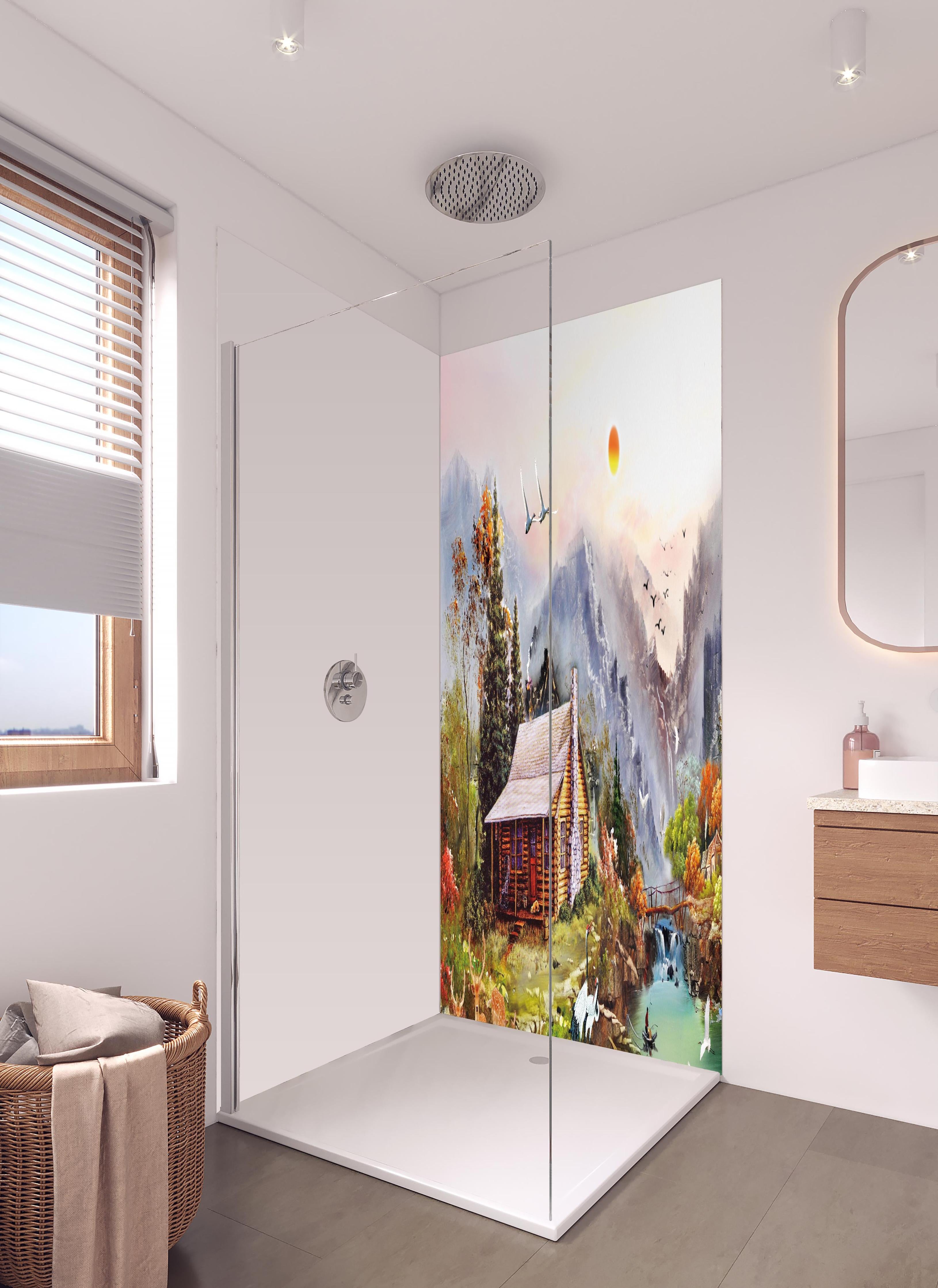 Duschrückwand - Aussicht auf eine einsame Hütte am Fluss in hellem Badezimmer mit Regenduschkopf - zweiteilige Eck-Duschrückwand