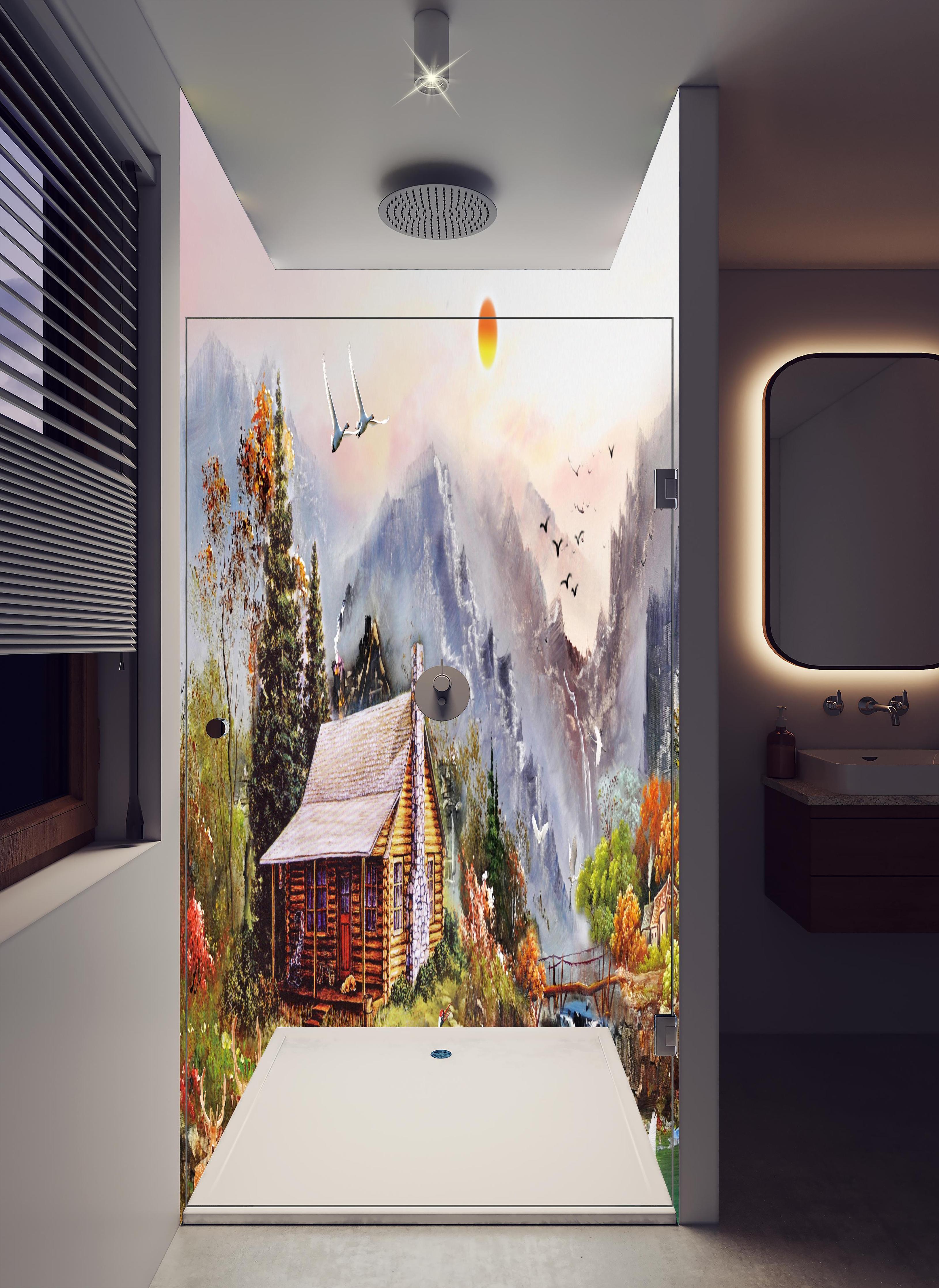 Duschrückwand - Aussicht auf eine einsame Hütte am Fluss in hellem Badezimmer mit Regenduschkopf - zweiteilige Eck-Duschrückwand