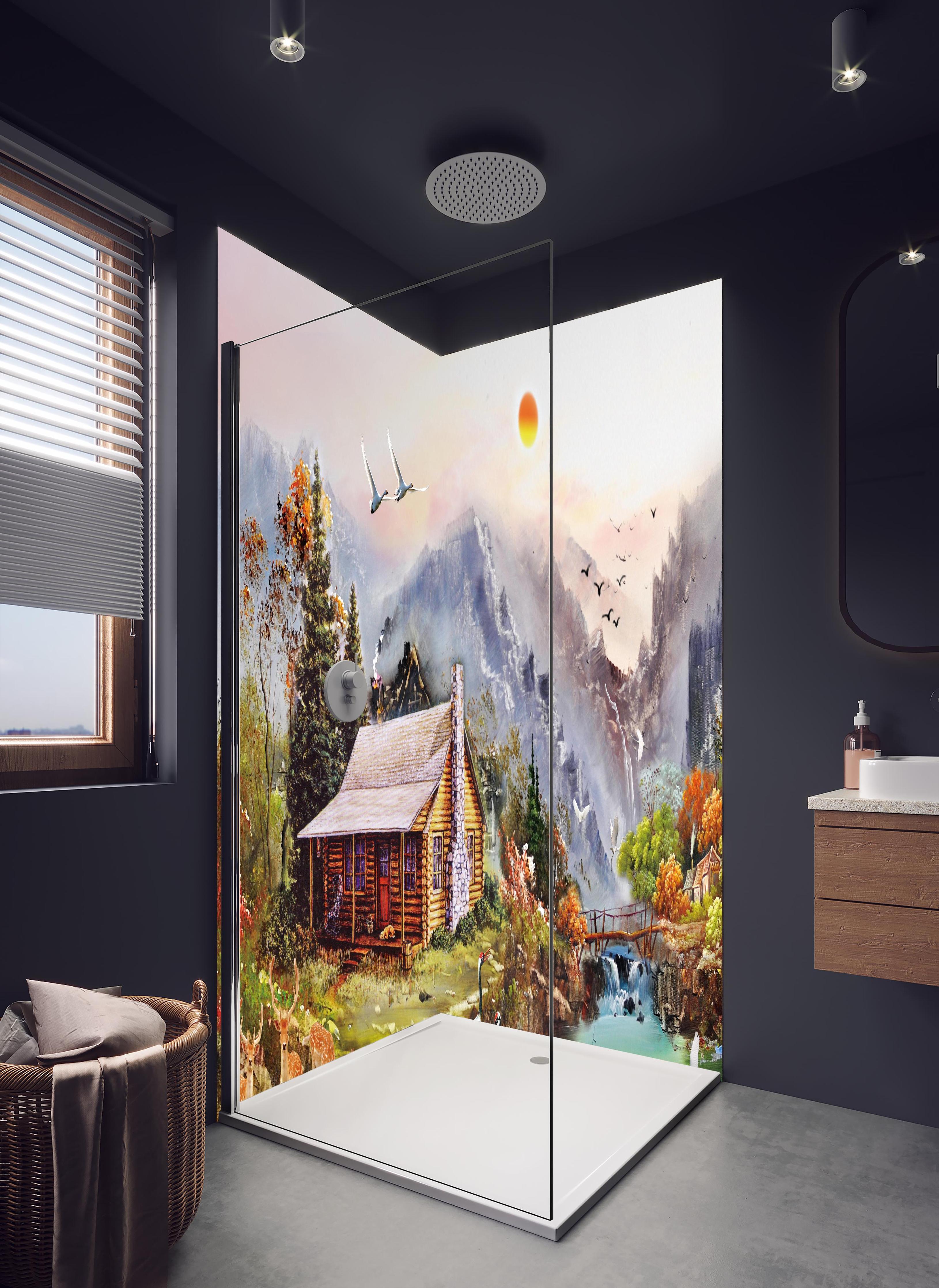 Duschrückwand - Aussicht auf eine einsame Hütte am Fluss in hellem Badezimmer mit Regenduschkopf - zweiteilige Eck-Duschrückwand