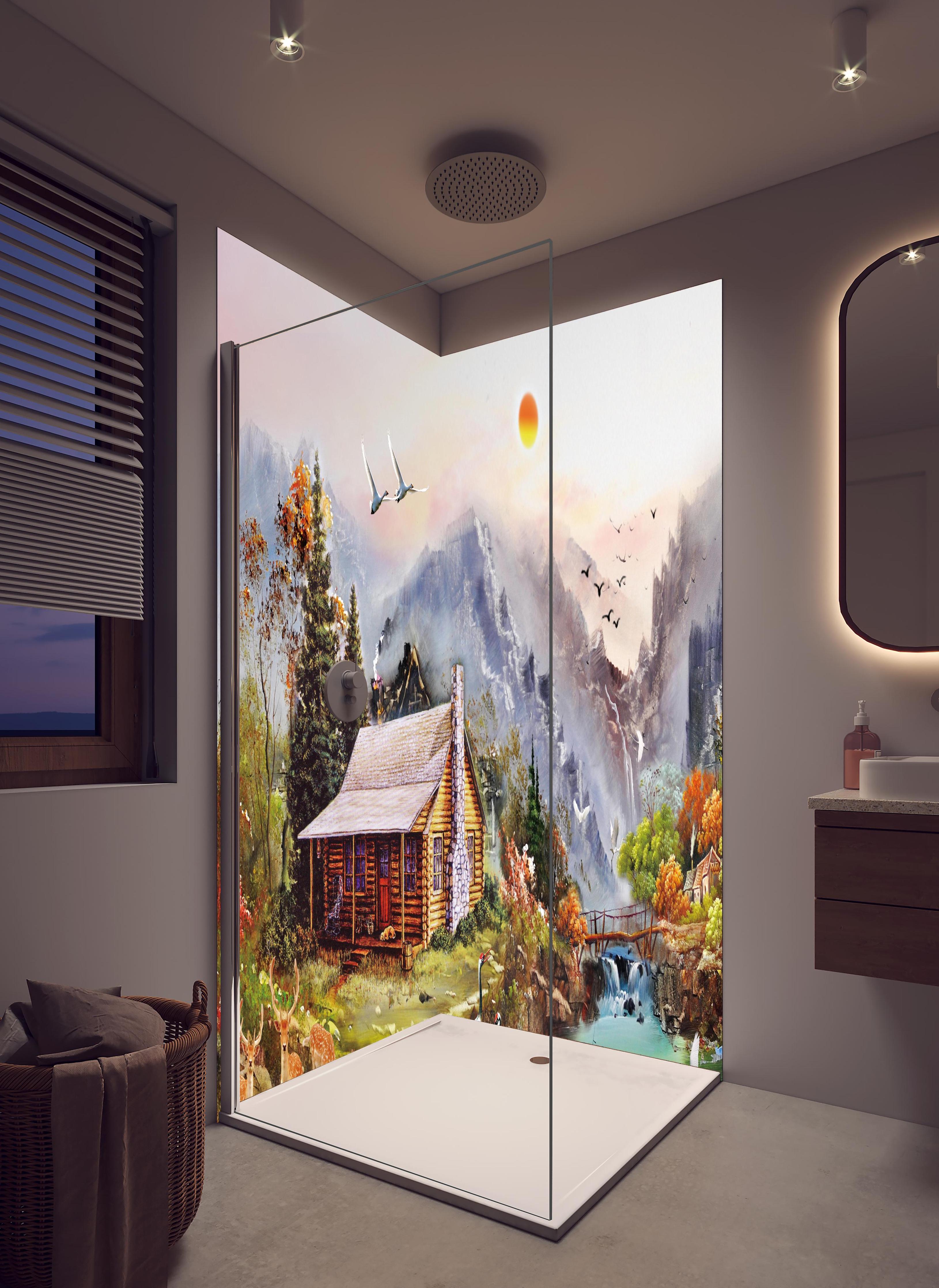 Duschrückwand - Aussicht auf eine einsame Hütte am Fluss in hellem Badezimmer mit Regenduschkopf - zweiteilige Eck-Duschrückwand