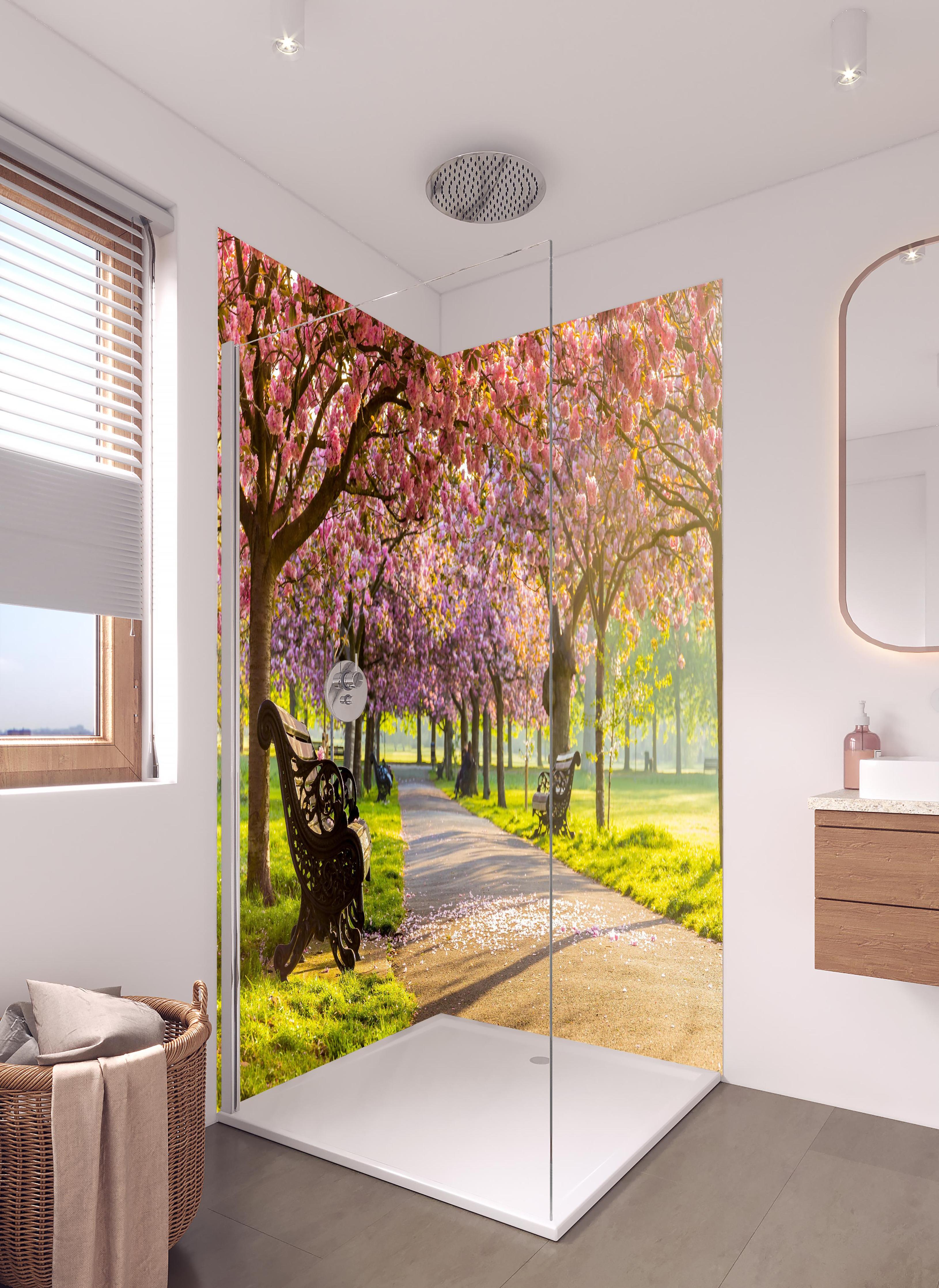Duschrückwand - Bänke unter Kirschblütenbäumen in hellem Badezimmer mit Regenduschkopf - zweiteilige Eck-Duschrückwand