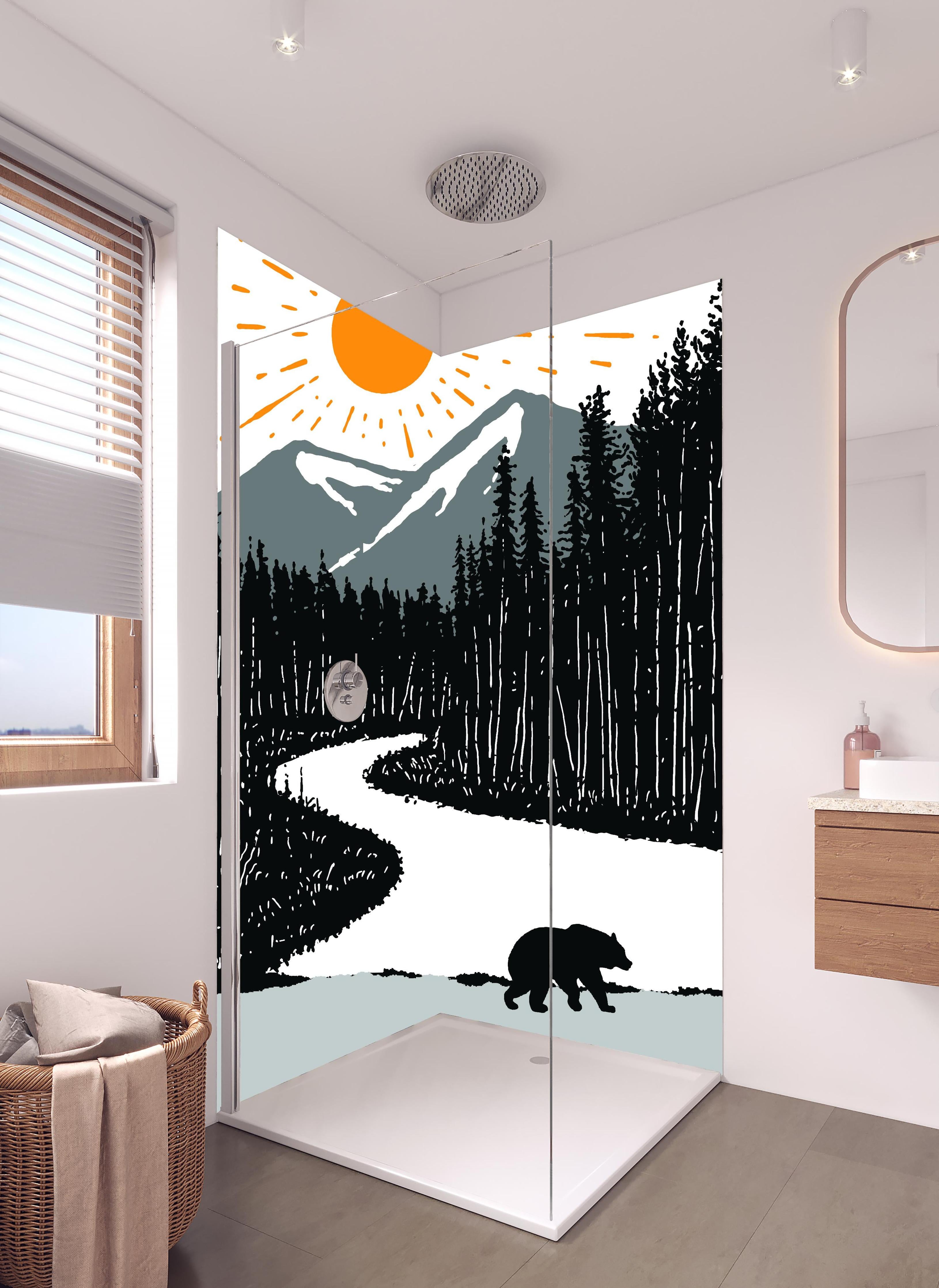 Duschrückwand - Bär auf einem Waldweg in hellem Badezimmer mit Regenduschkopf - zweiteilige Eck-Duschrückwand