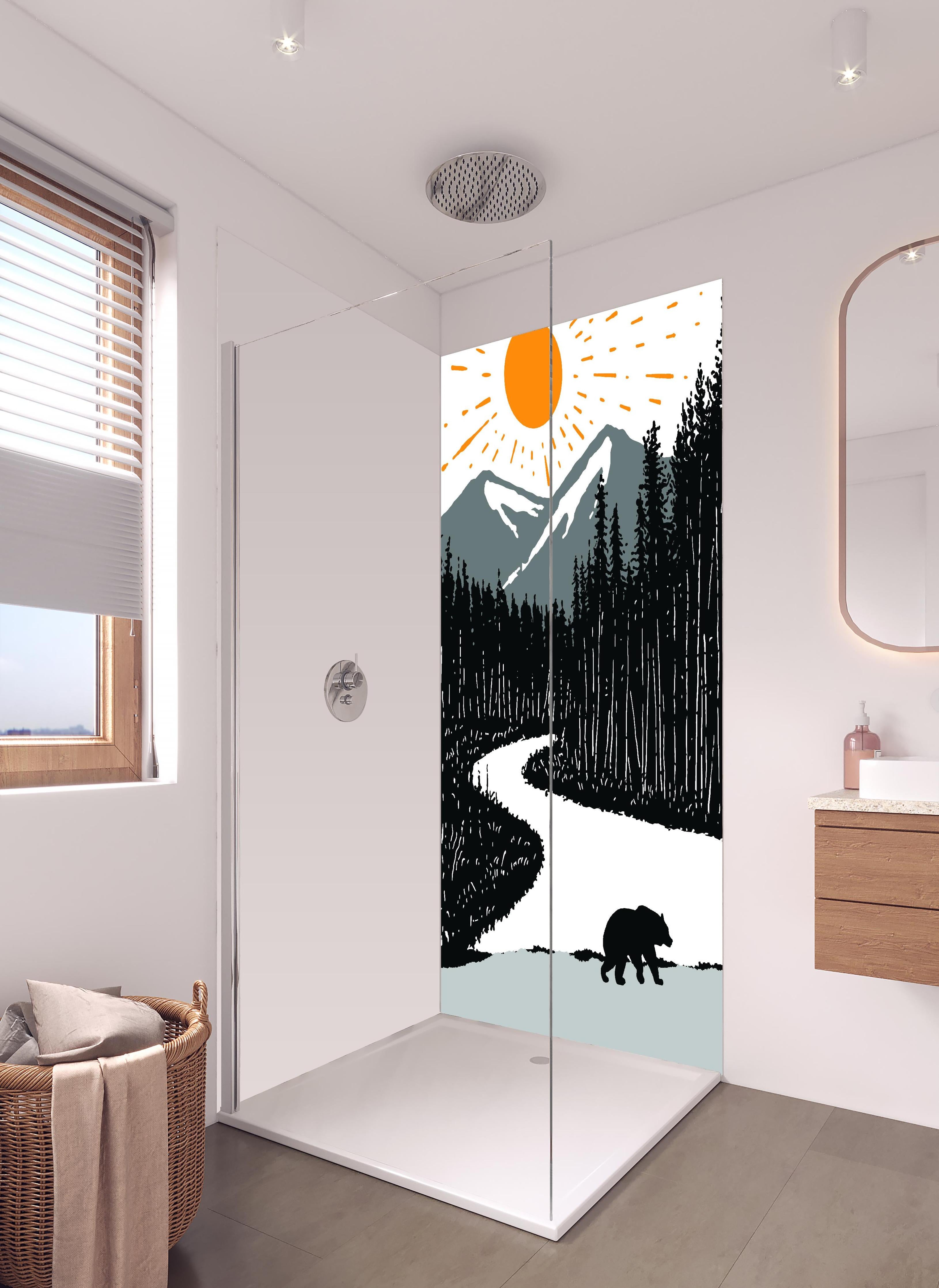 Duschrückwand - Bär auf einem Waldweg in hellem Badezimmer mit Regenduschkopf - zweiteilige Eck-Duschrückwand