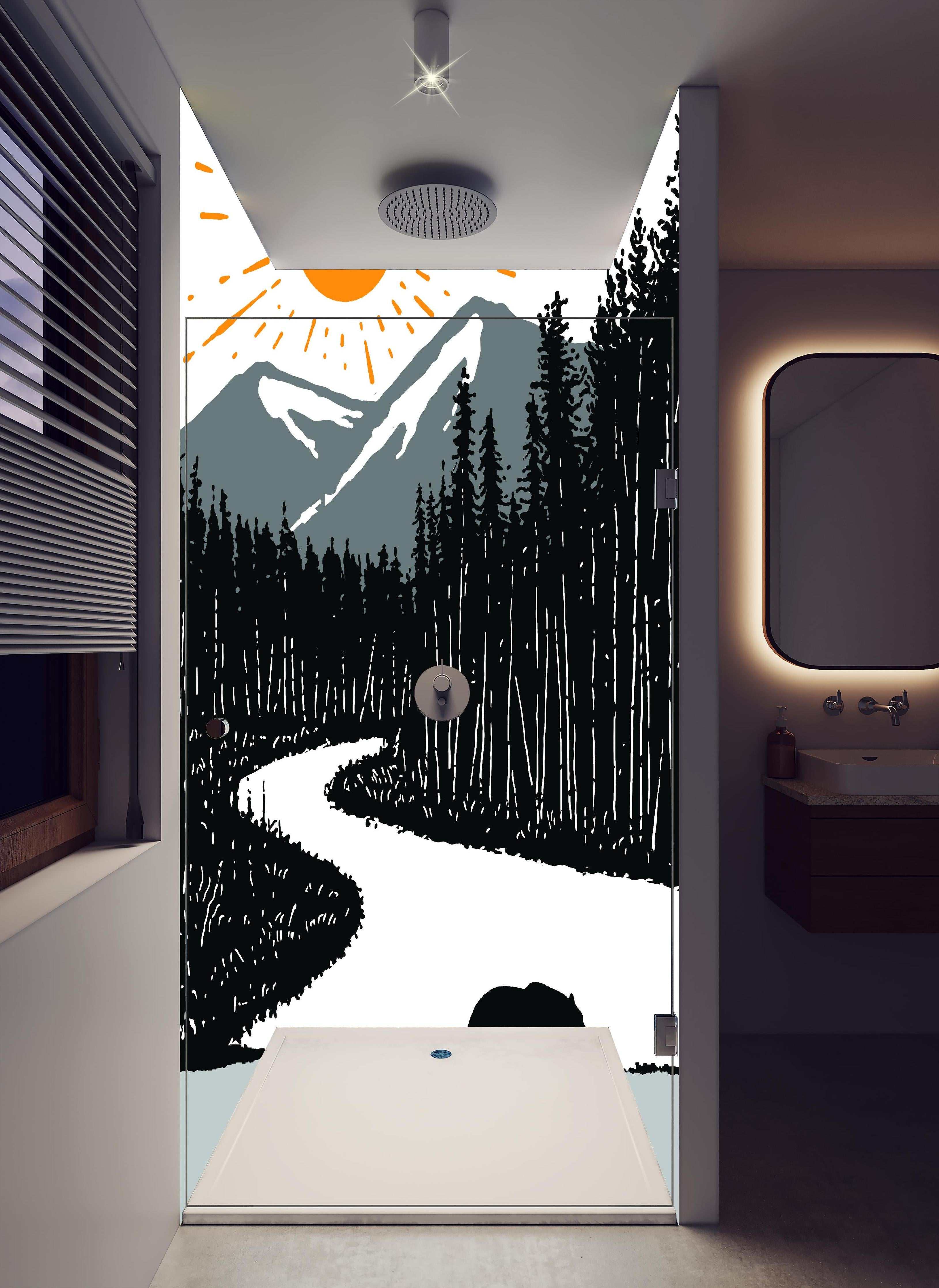 Duschrückwand - Bär auf einem Waldweg in hellem Badezimmer mit Regenduschkopf - zweiteilige Eck-Duschrückwand