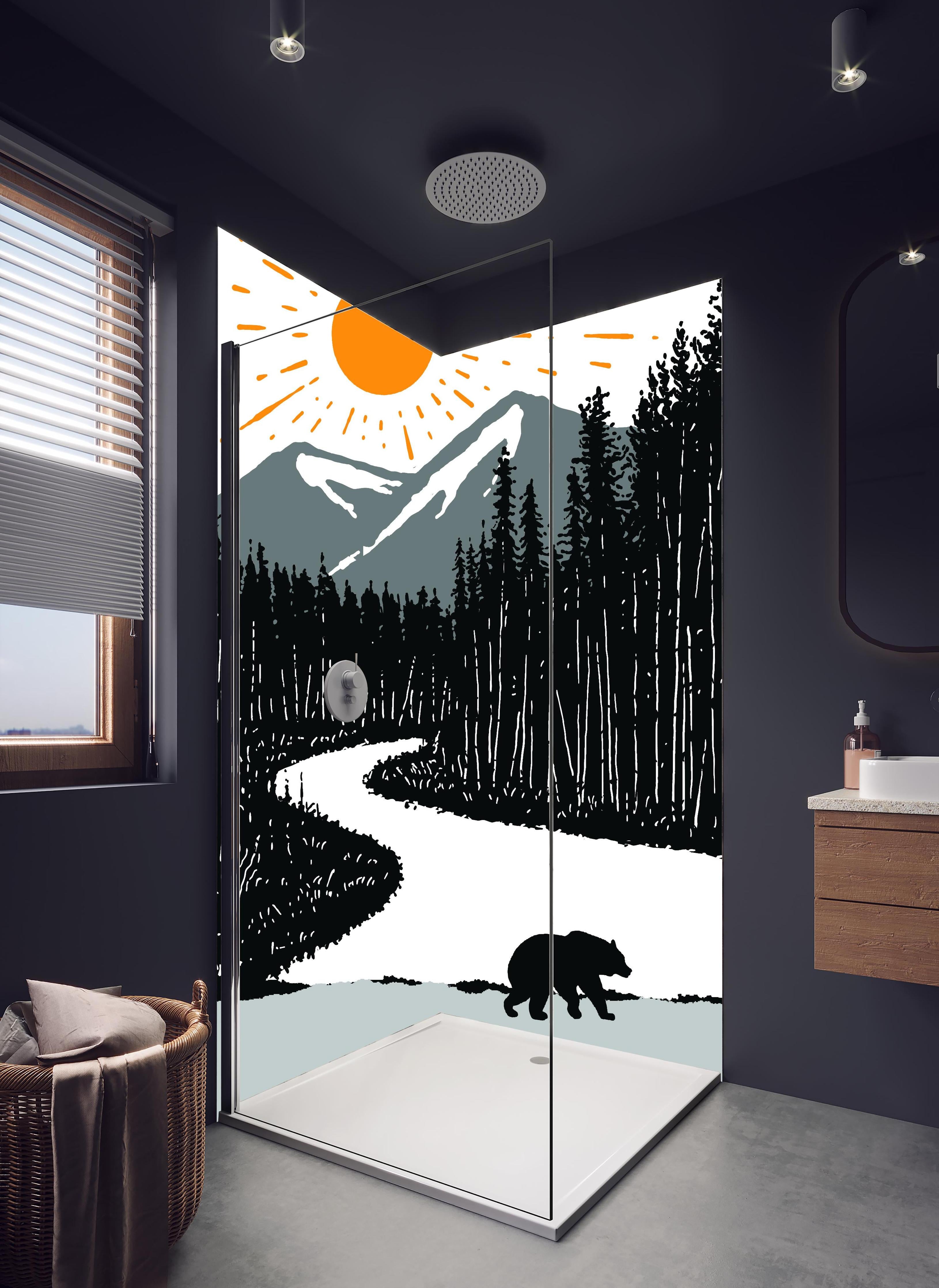 Duschrückwand - Bär auf einem Waldweg in hellem Badezimmer mit Regenduschkopf - zweiteilige Eck-Duschrückwand