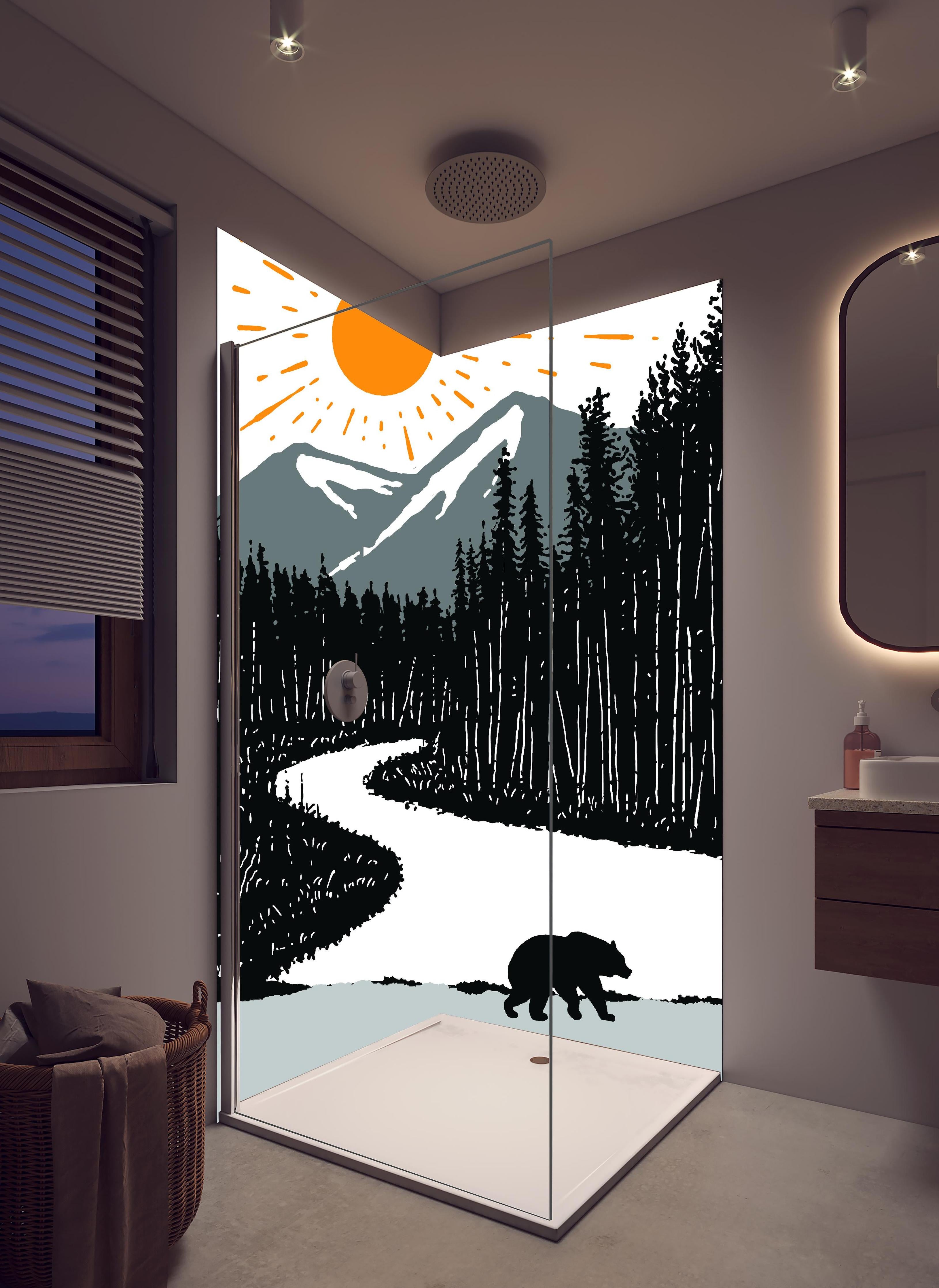 Duschrückwand - Bär auf einem Waldweg in hellem Badezimmer mit Regenduschkopf - zweiteilige Eck-Duschrückwand