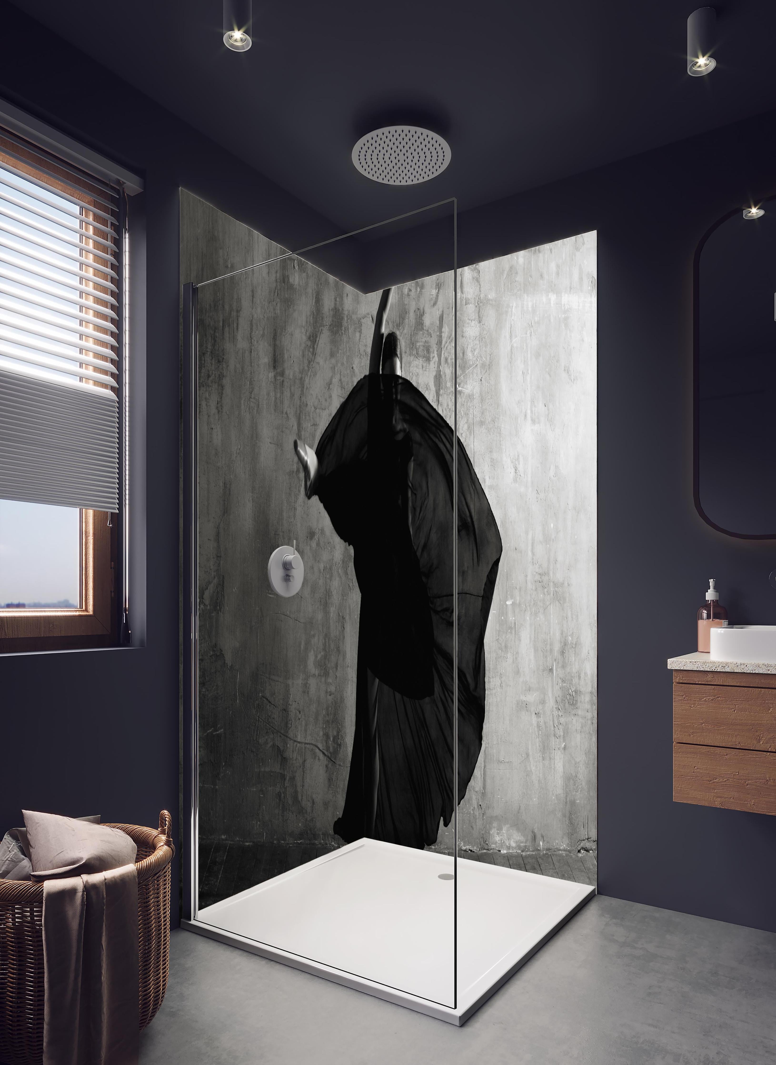 Duschrückwand - Ballerina im Ballsaal in hellem Badezimmer mit Regenduschkopf - zweiteilige Eck-Duschrückwand