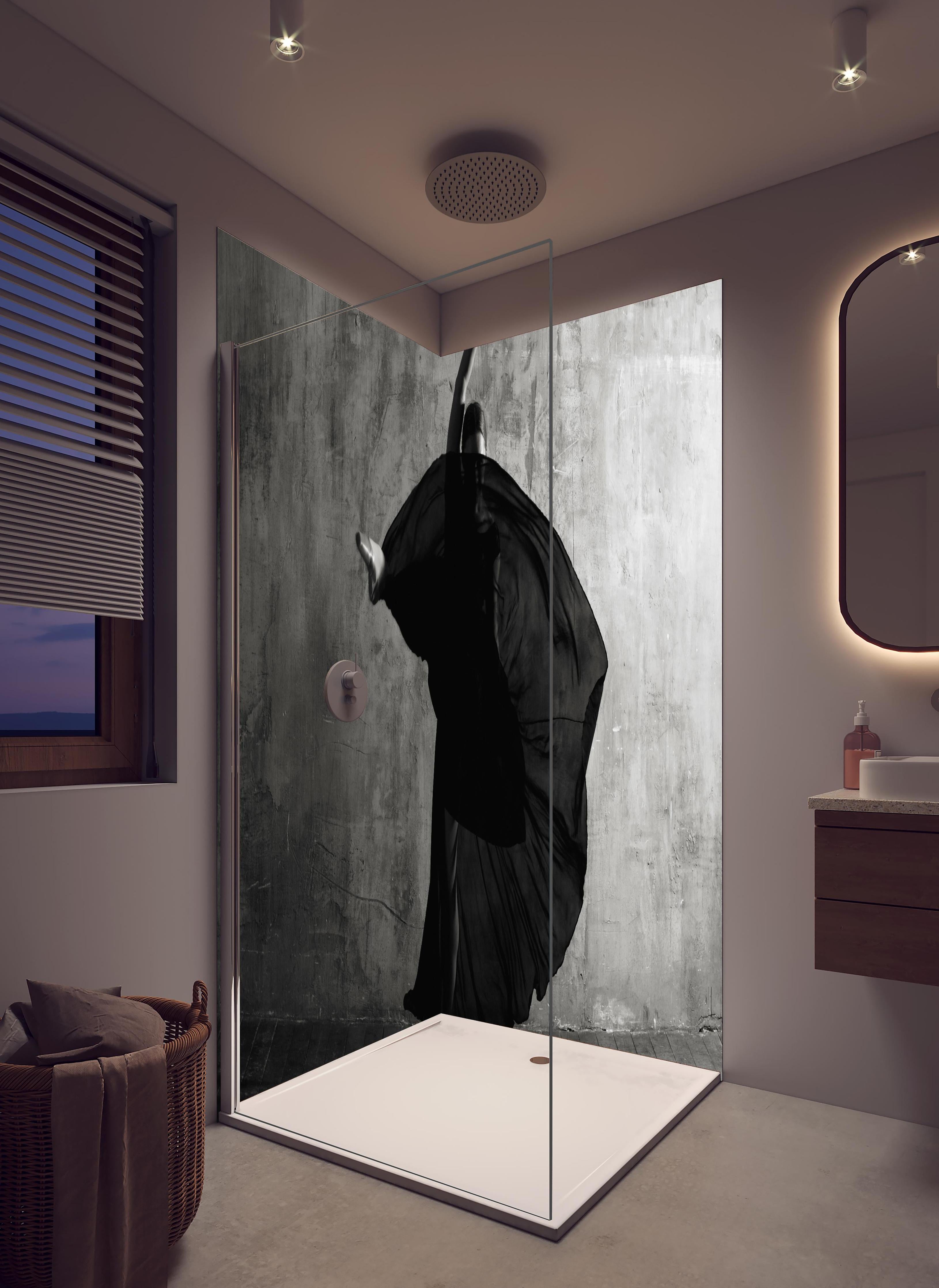 Duschrückwand - Ballerina im Ballsaal in hellem Badezimmer mit Regenduschkopf - zweiteilige Eck-Duschrückwand