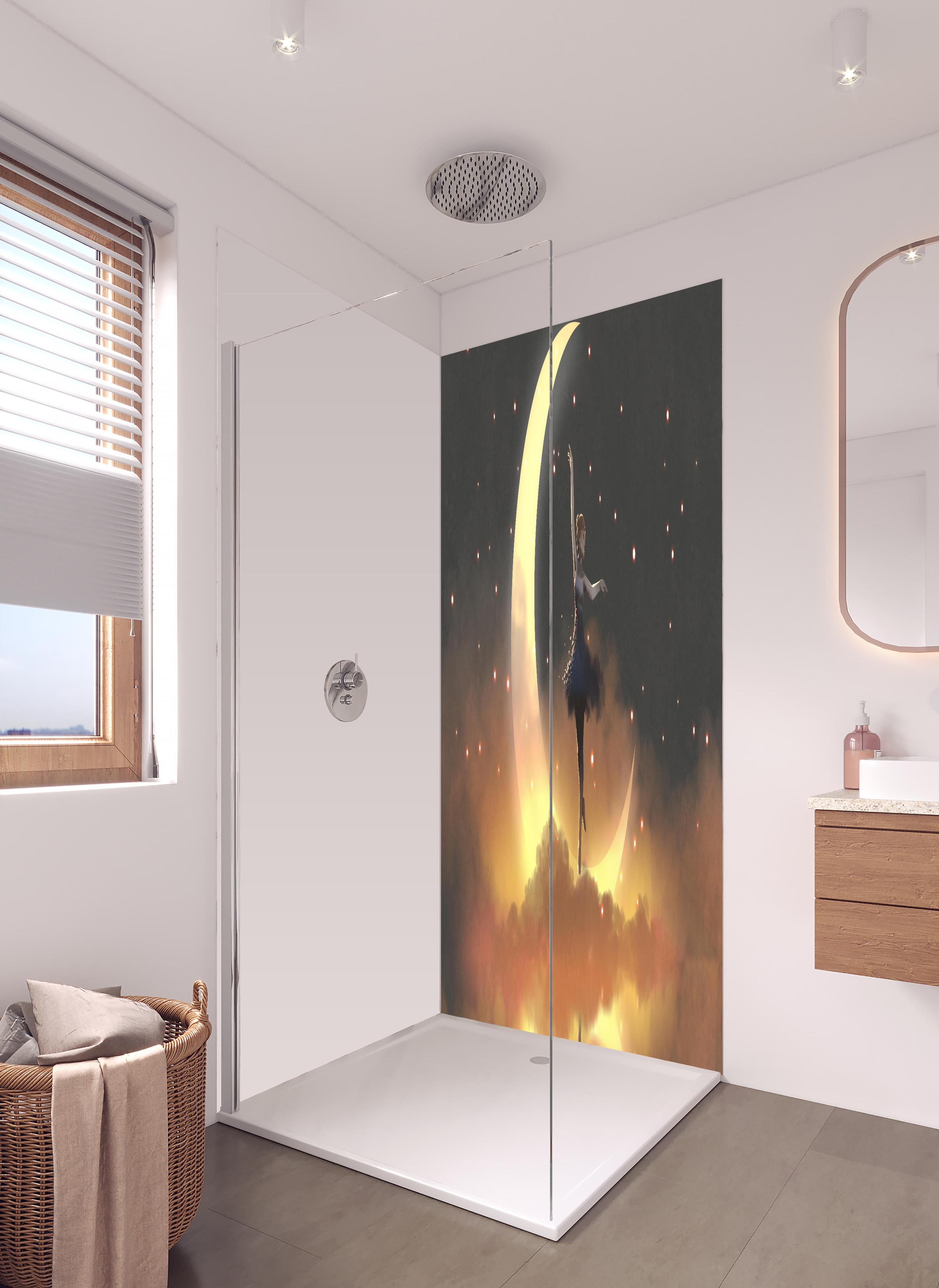 Duschrückwand - Ballerina tanzt auf schwebendem Halbmond in hellem Badezimmer mit Regenduschkopf - zweiteilige Eck-Duschrückwand