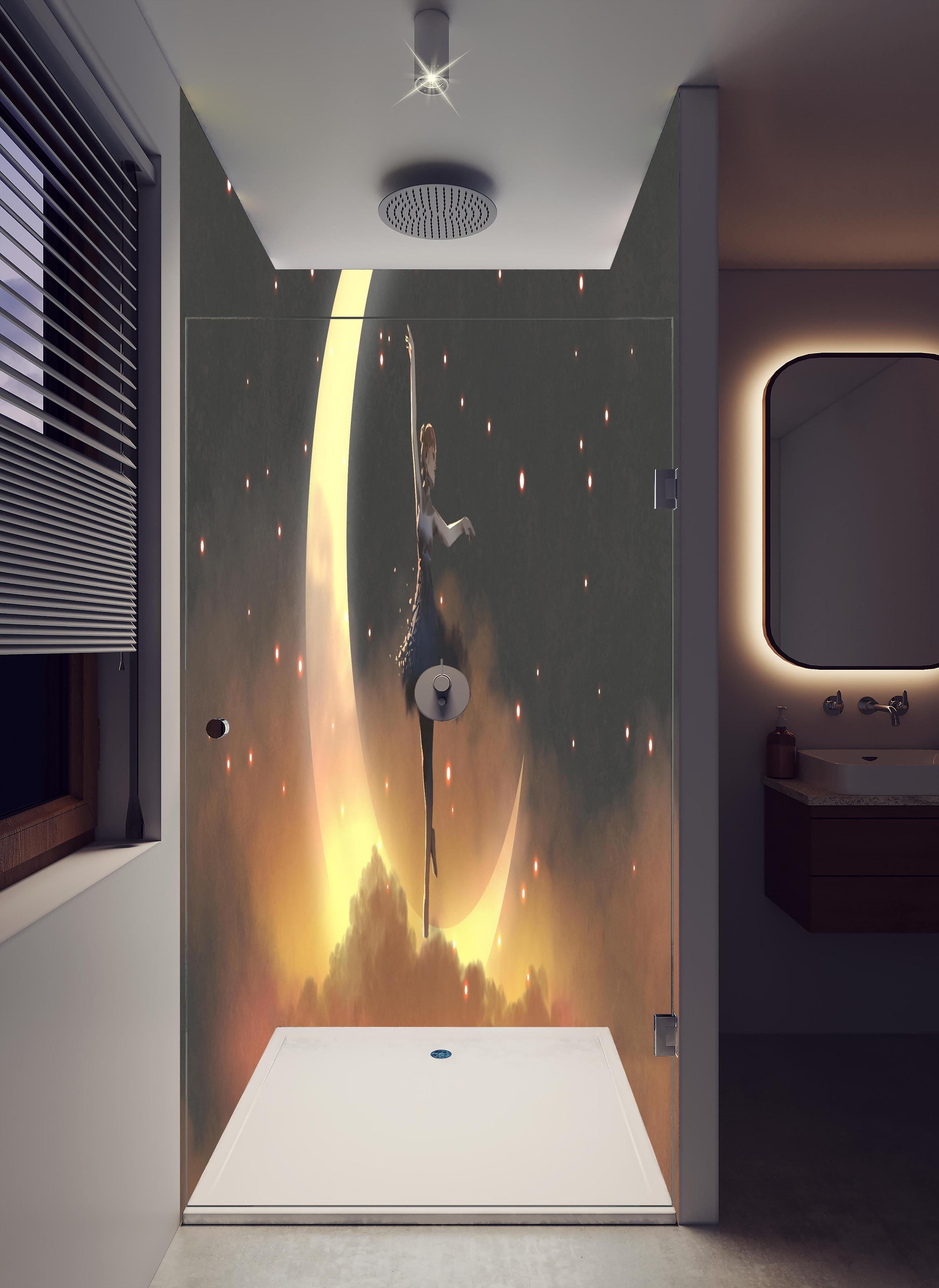 Duschrückwand - Ballerina tanzt auf schwebendem Halbmond in hellem Badezimmer mit Regenduschkopf - zweiteilige Eck-Duschrückwand
