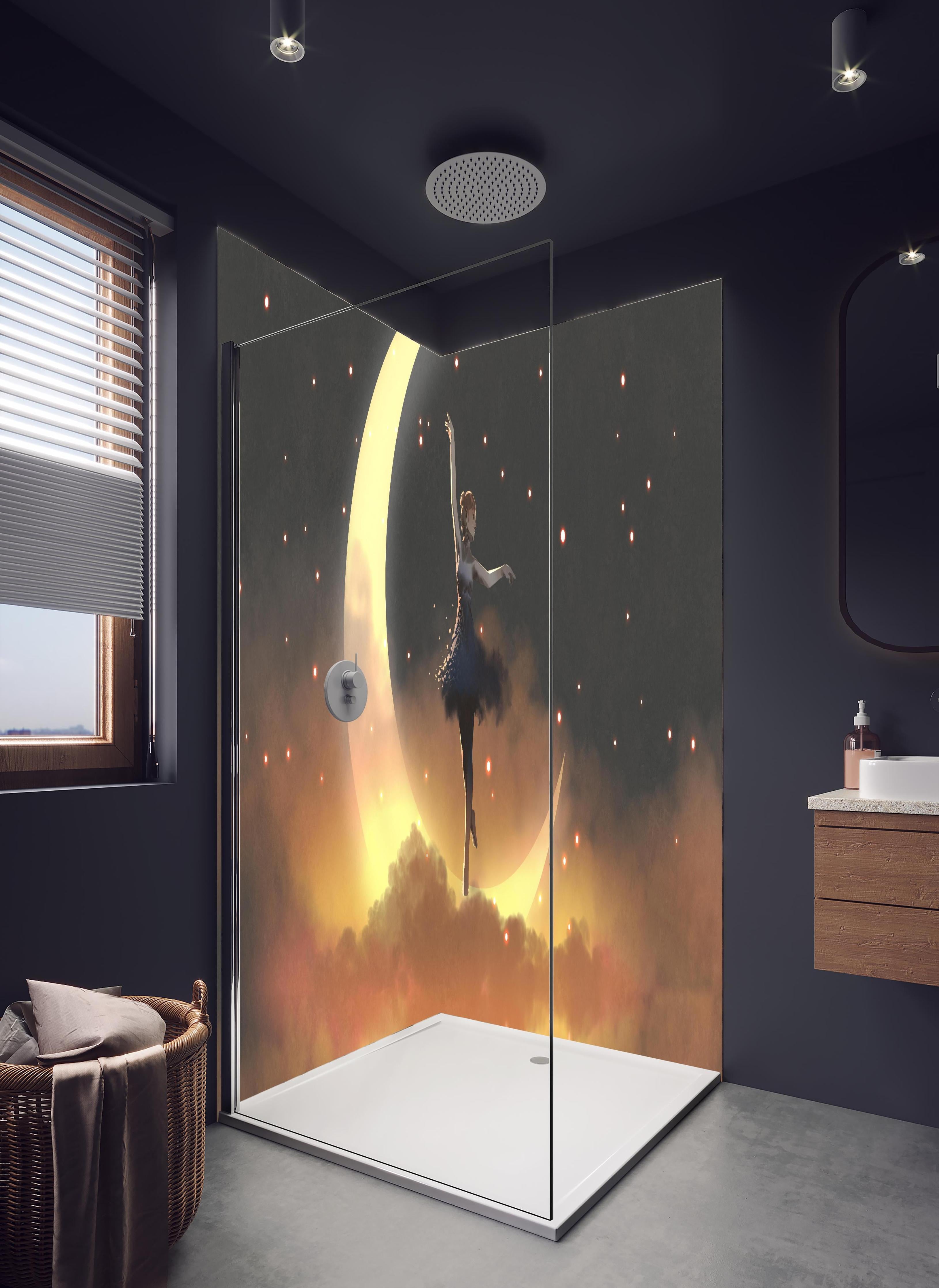 Duschrückwand - Ballerina tanzt auf schwebendem Halbmond in hellem Badezimmer mit Regenduschkopf - zweiteilige Eck-Duschrückwand