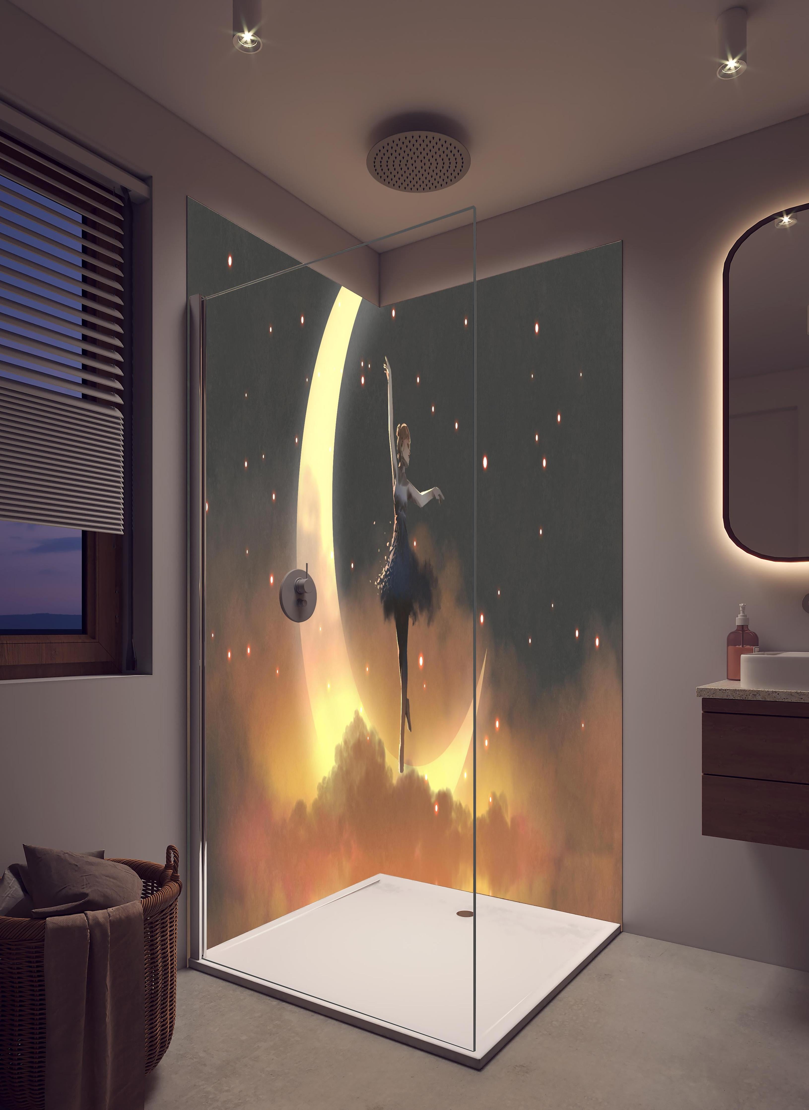 Duschrückwand - Ballerina tanzt auf schwebendem Halbmond in hellem Badezimmer mit Regenduschkopf - zweiteilige Eck-Duschrückwand