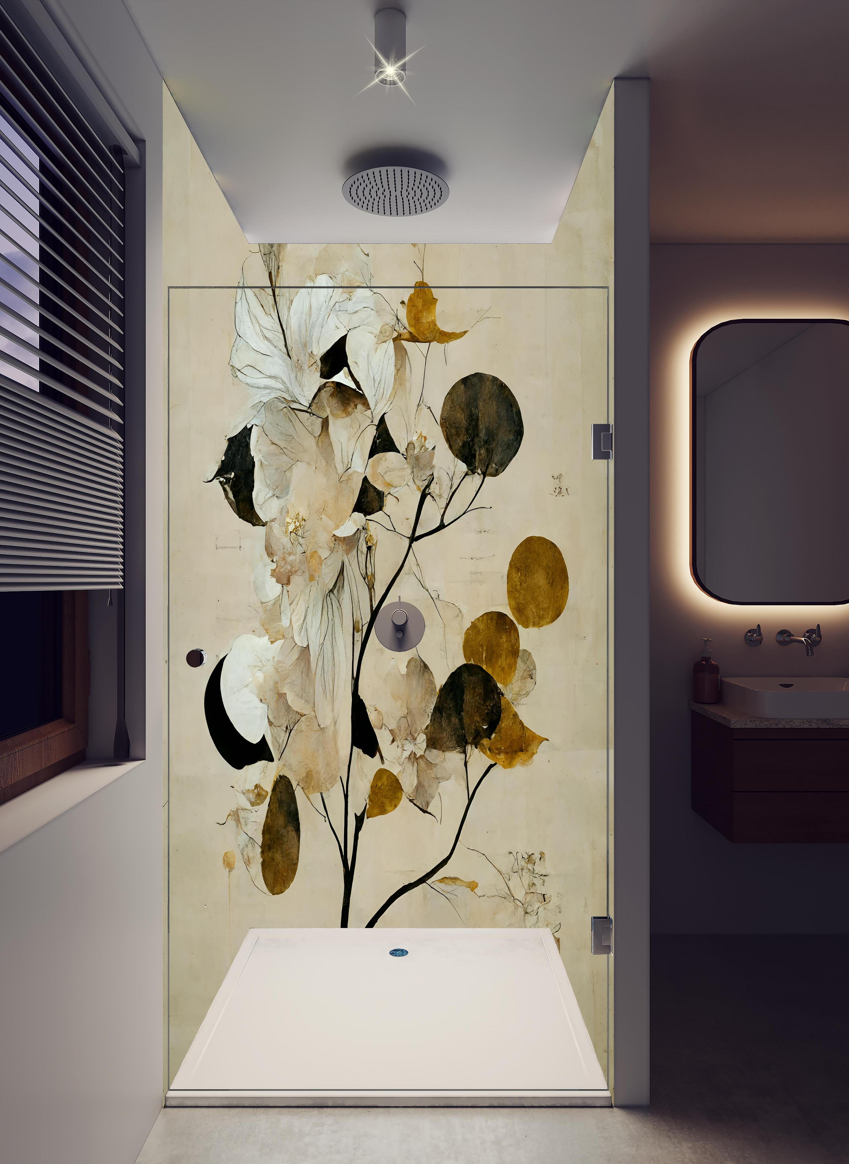 Duschrückwand - Baum des Glücks - Floral in hellem Badezimmer mit Regenduschkopf - zweiteilige Eck-Duschrückwand