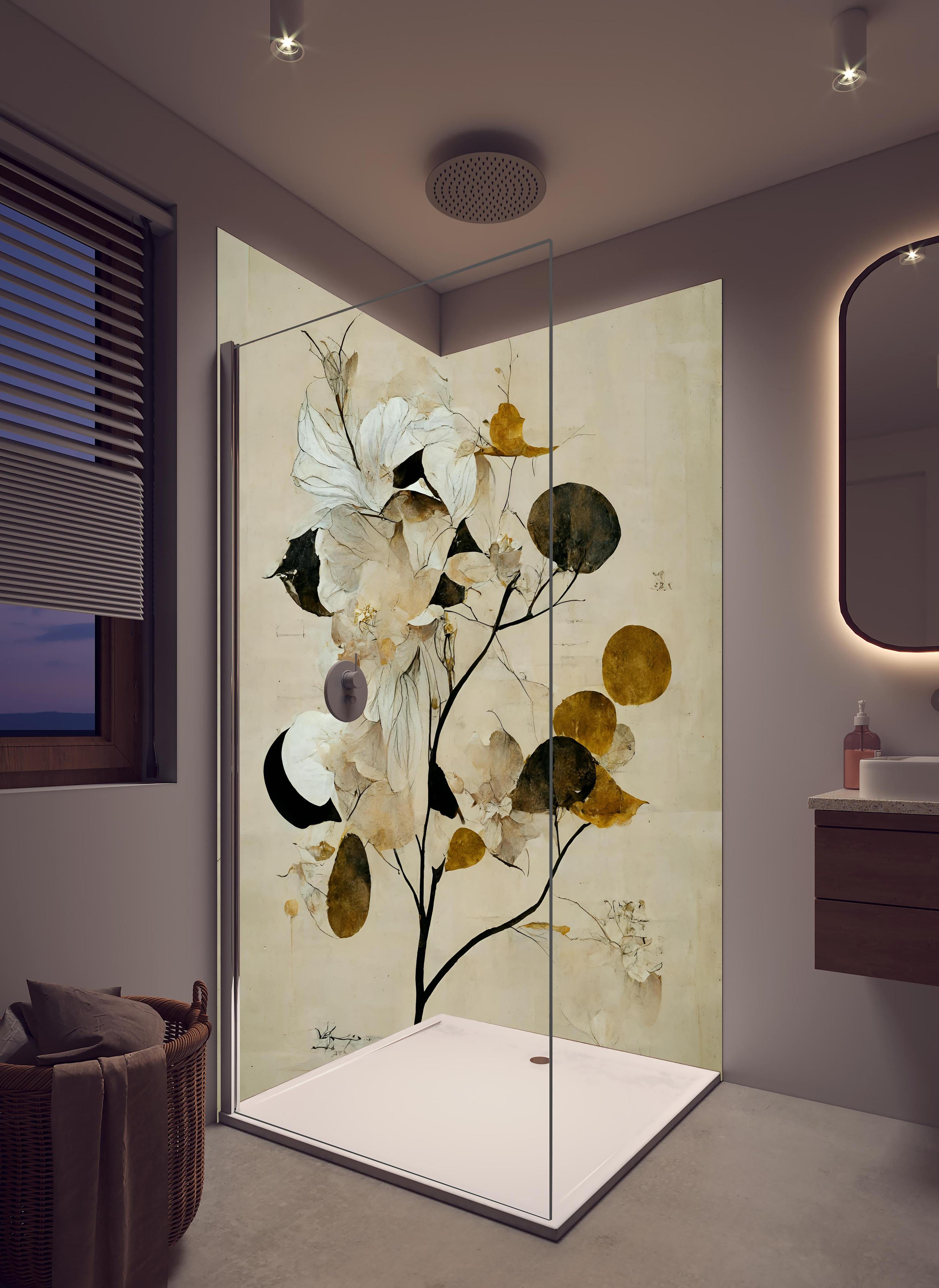 Duschrückwand - Baum des Glücks - Floral in hellem Badezimmer mit Regenduschkopf - zweiteilige Eck-Duschrückwand