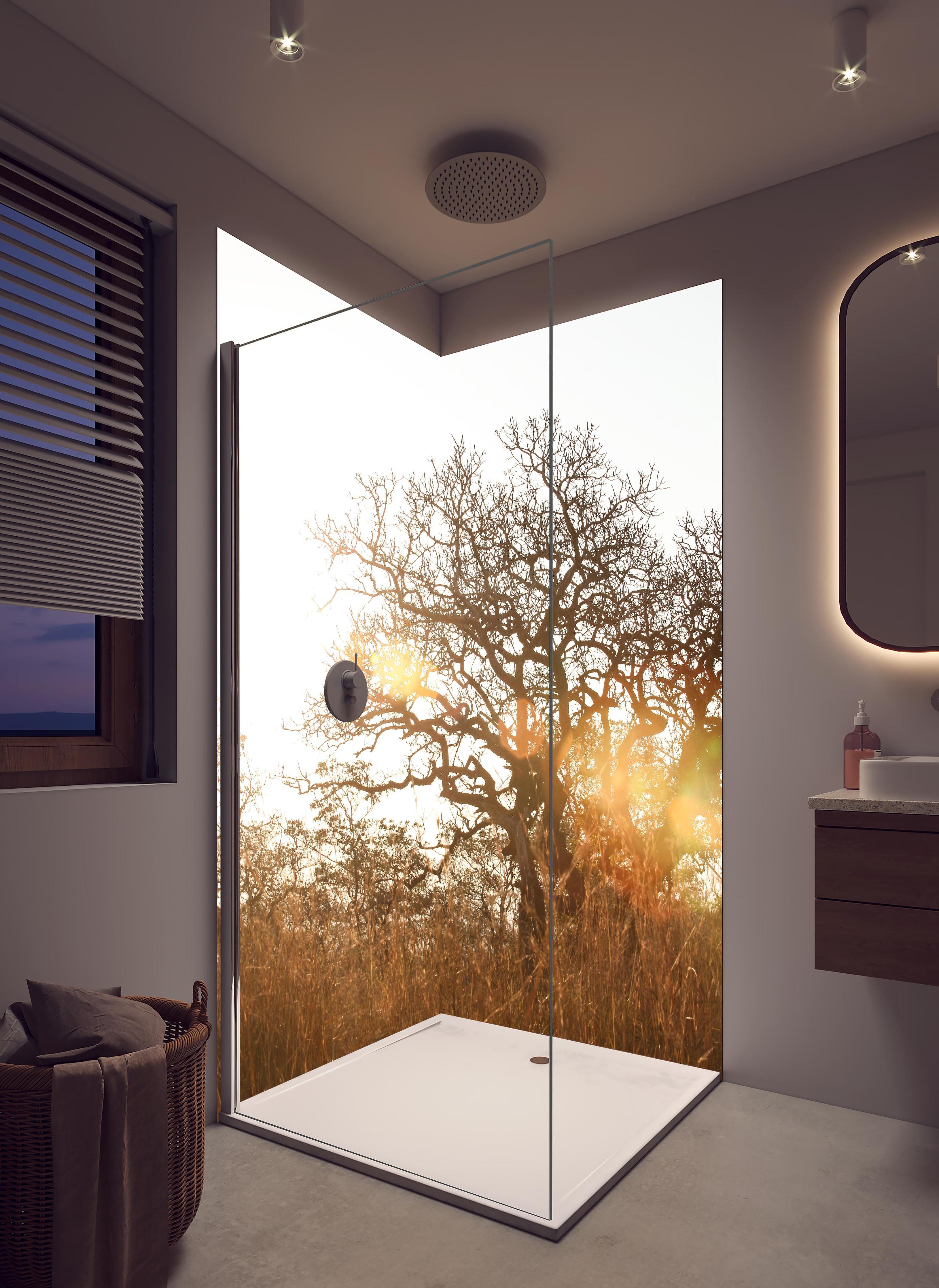 Duschrückwand - Baum im Feld in hellem Badezimmer mit Regenduschkopf - zweiteilige Eck-Duschrückwand