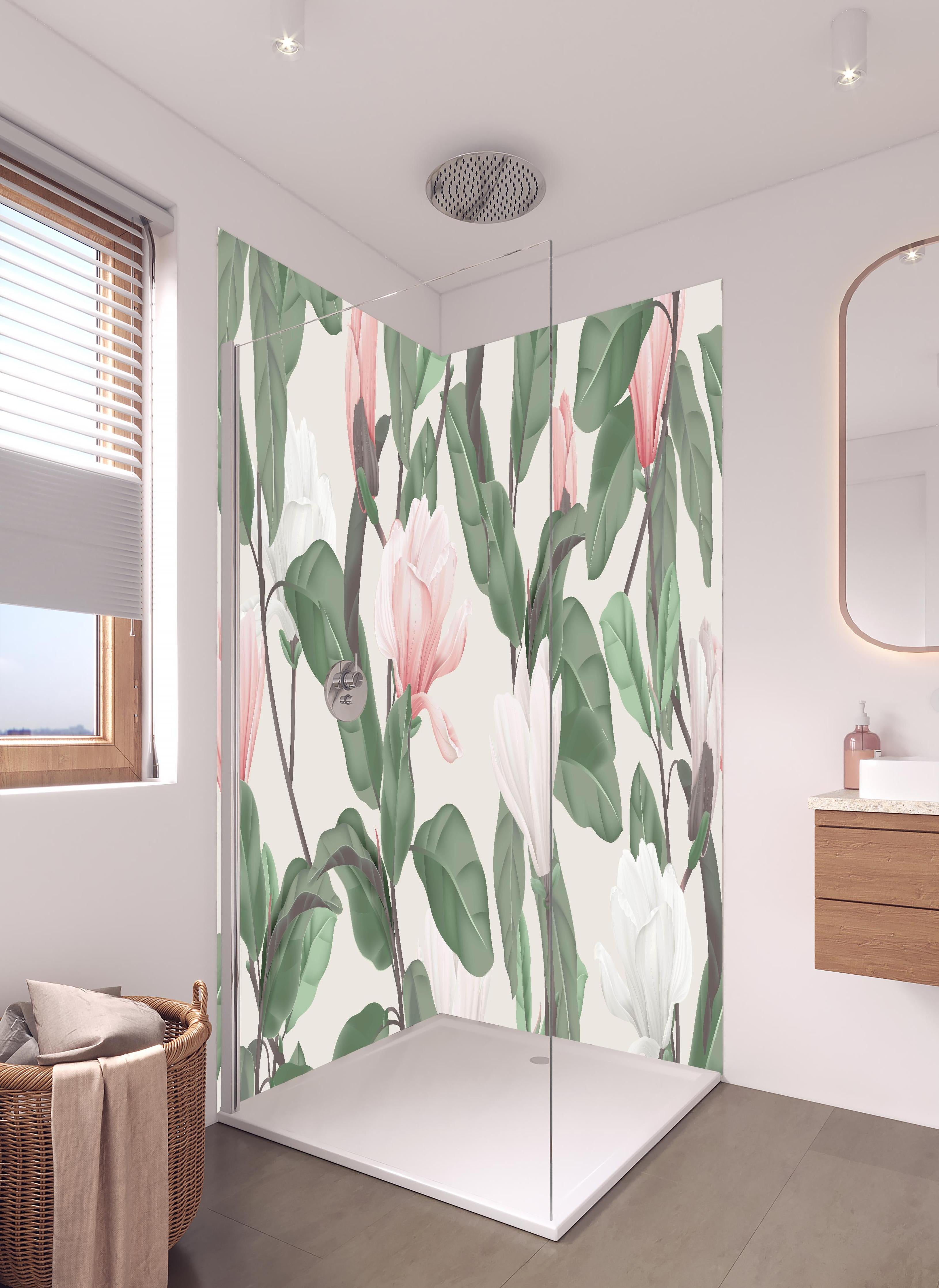 Duschrückwand - Beige Anise Magnolien Blumenmuster in hellem Badezimmer mit Regenduschkopf - zweiteilige Eck-Duschrückwand