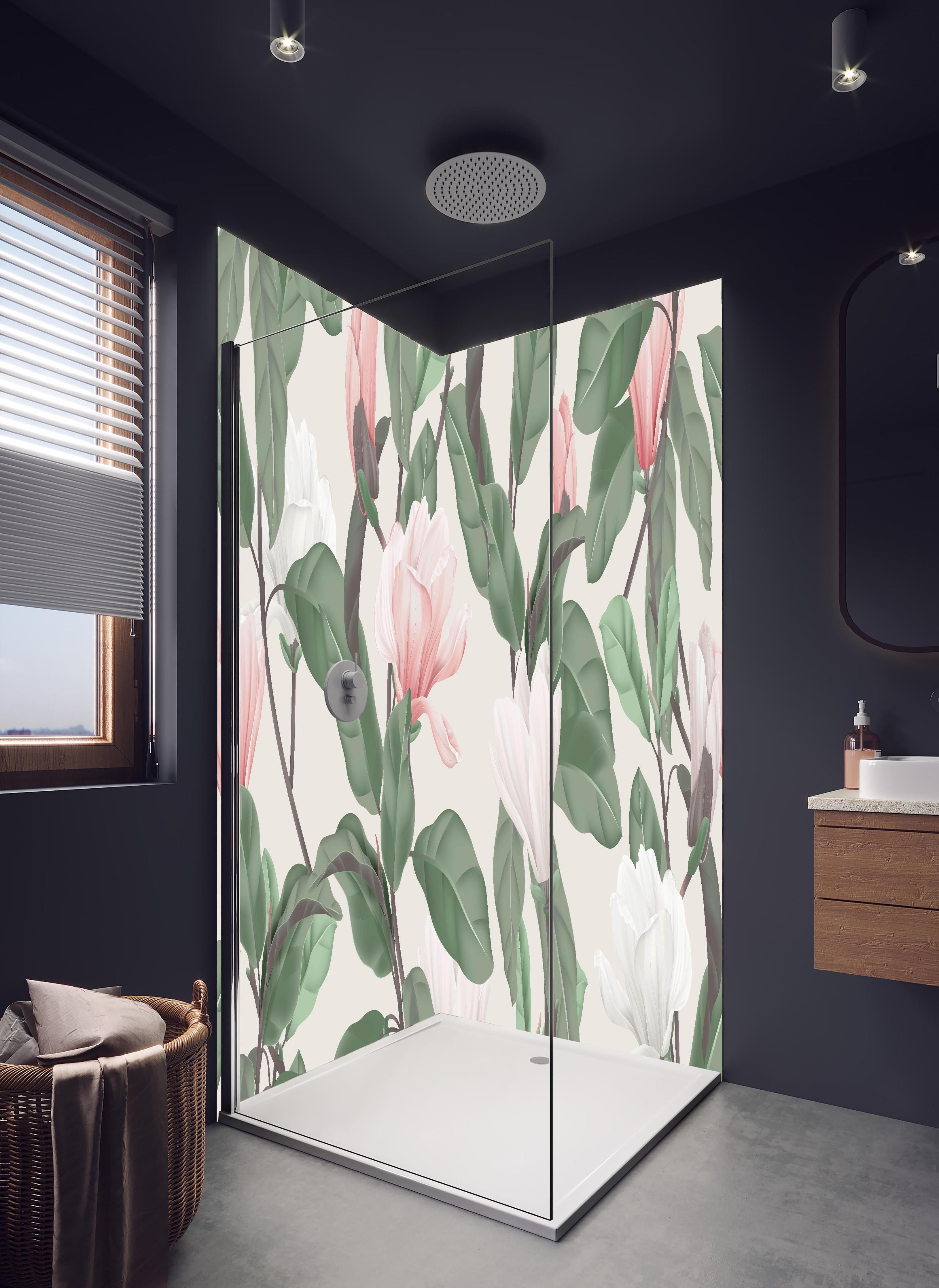 Duschrückwand - Beige Anise Magnolien Blumenmuster in hellem Badezimmer mit Regenduschkopf - zweiteilige Eck-Duschrückwand