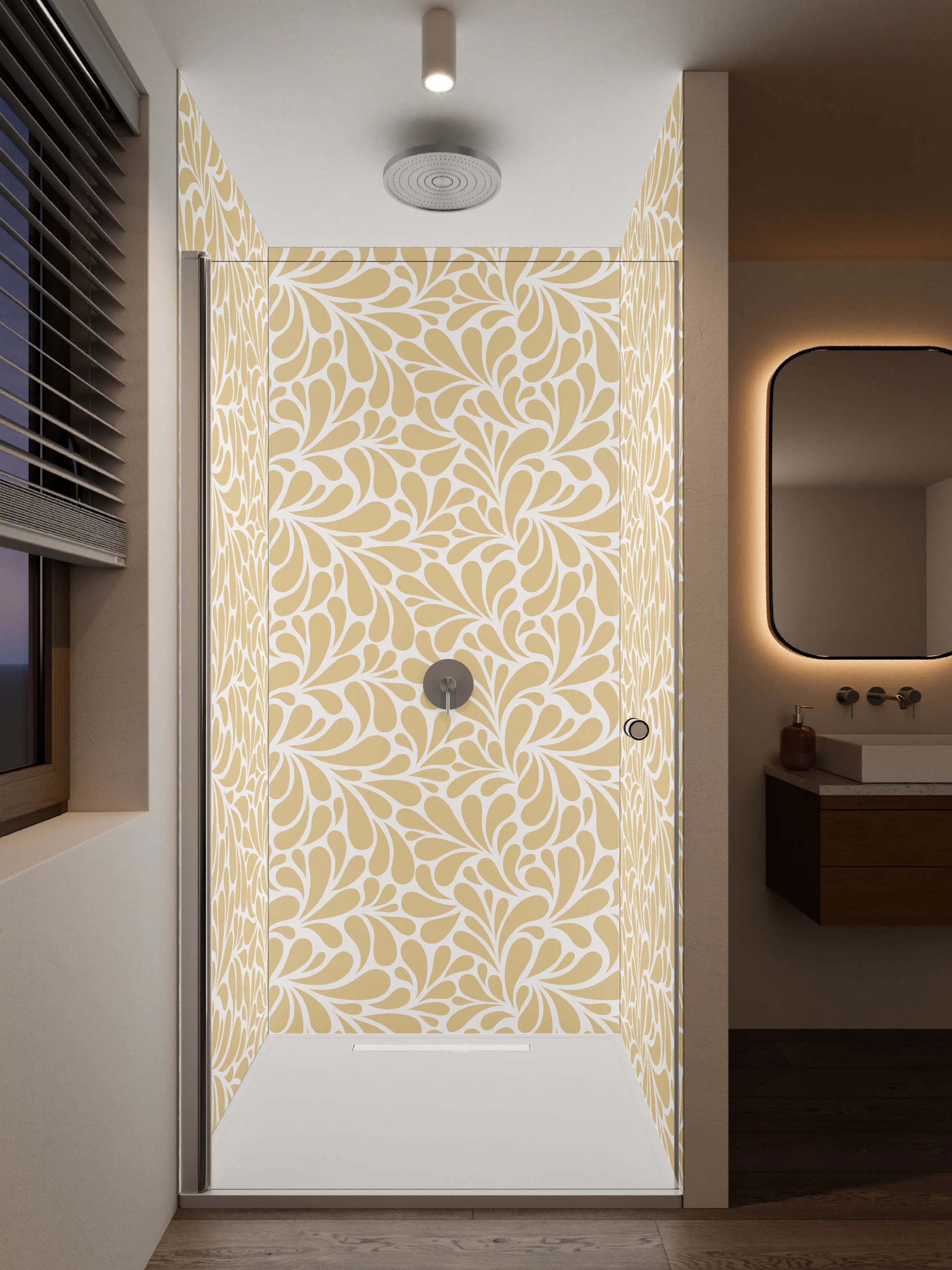 Duschrückwand - Beige-Blattmuster mit Weißakzenten