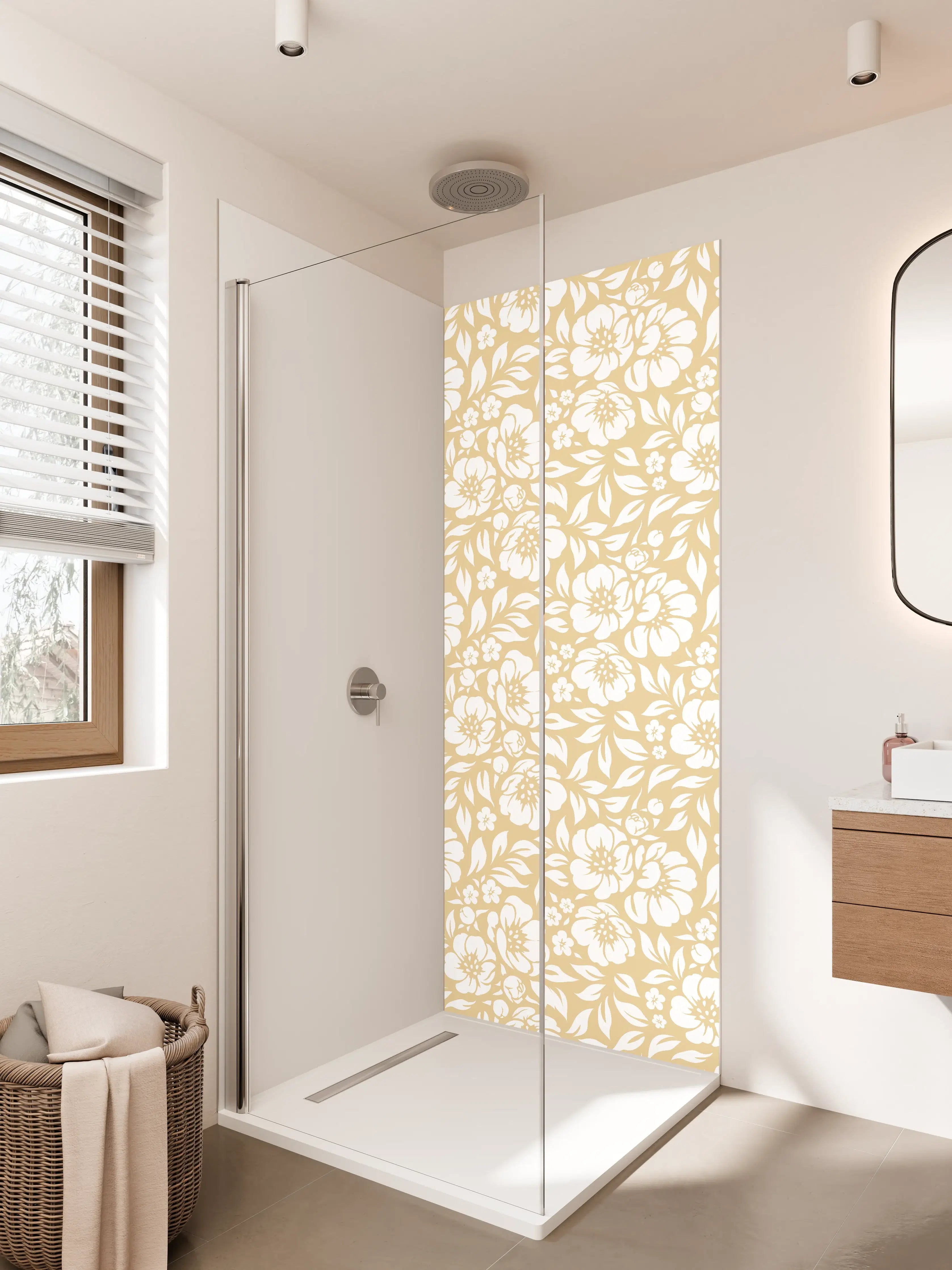 Duschrückwand - Beige Blumendekor mit weißem Muster