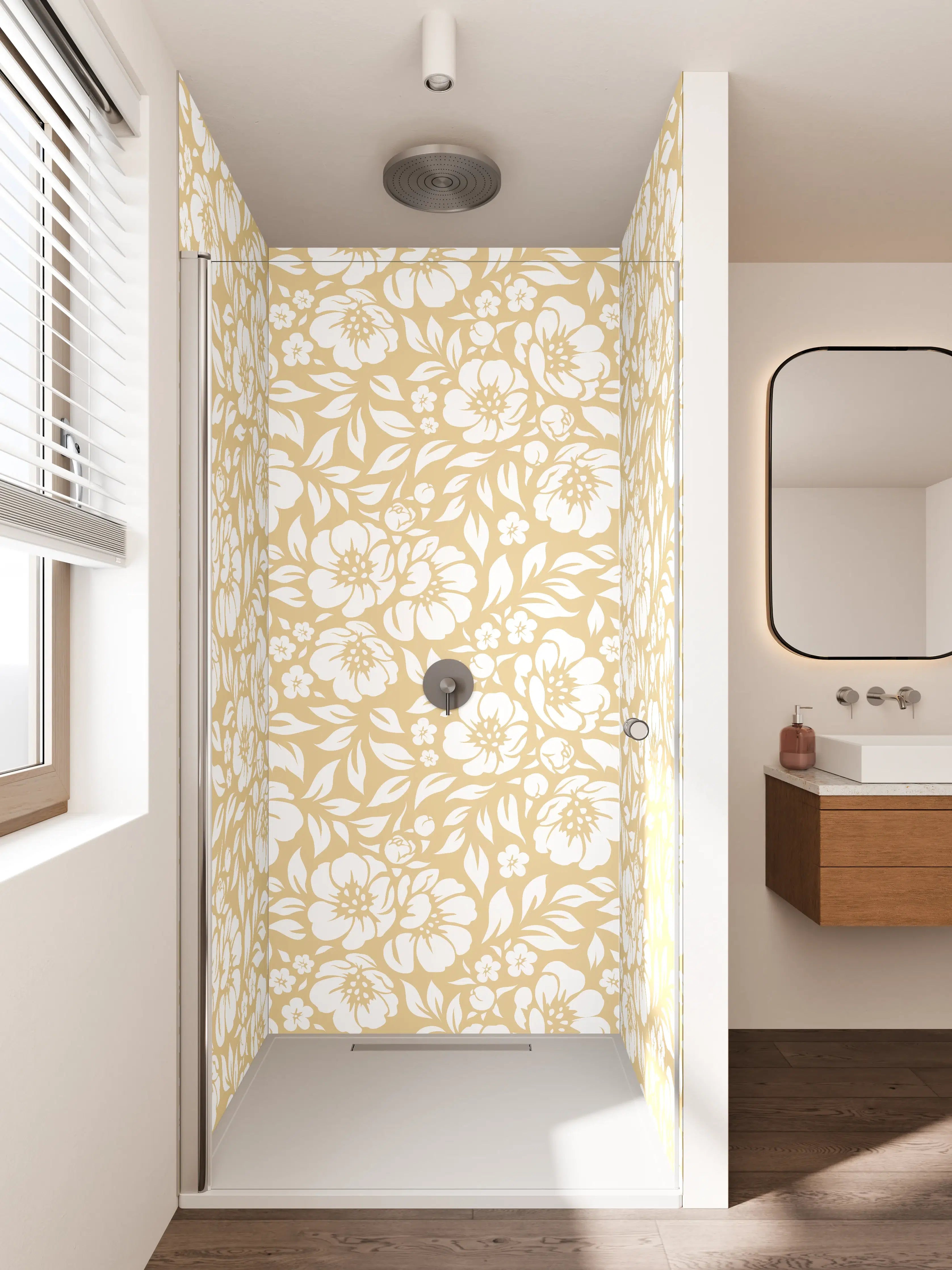 Duschrückwand - Beige Blumendekor mit weißem Muster