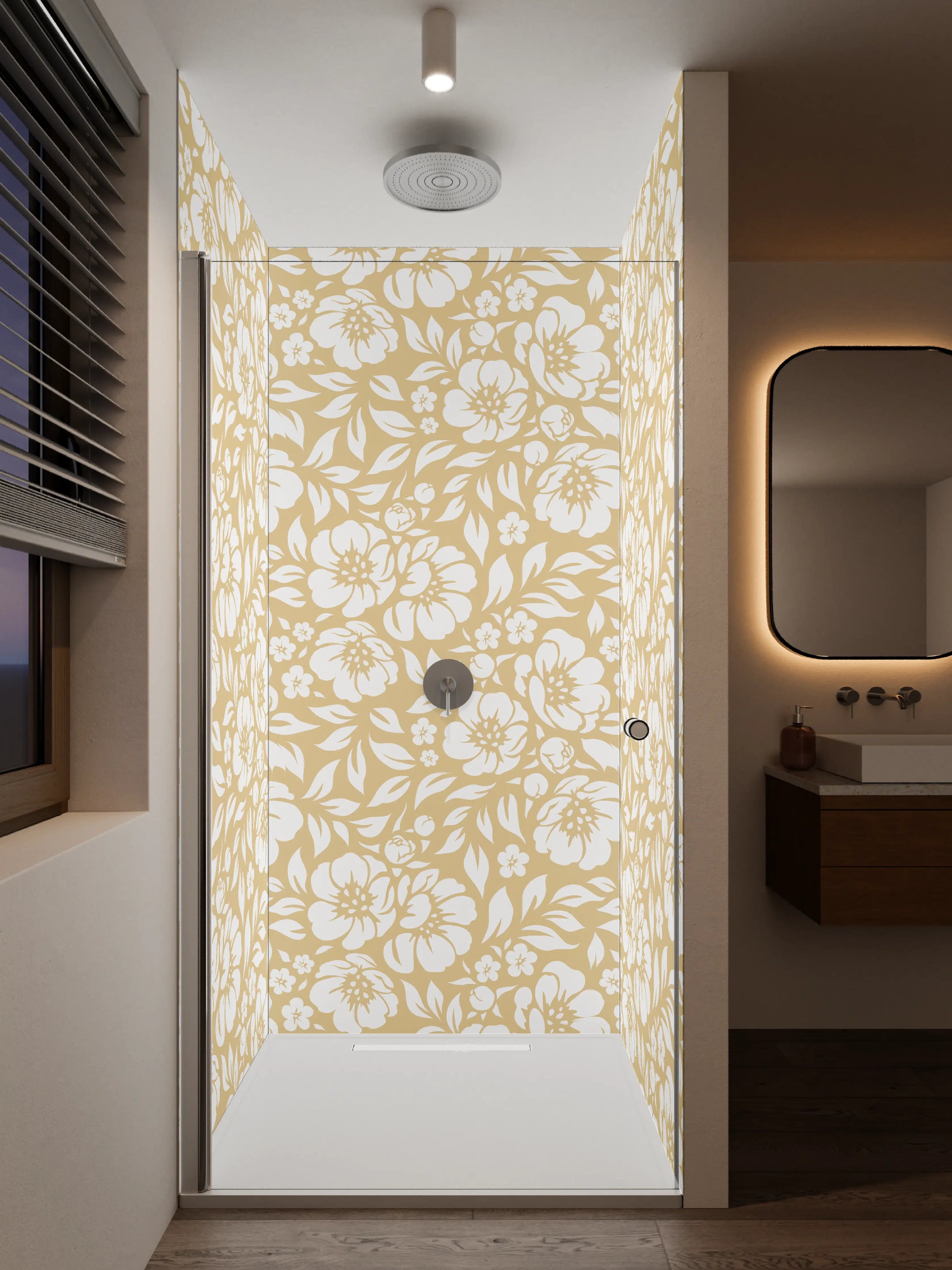 Duschrückwand - Beige Blumendekor mit weißem Muster