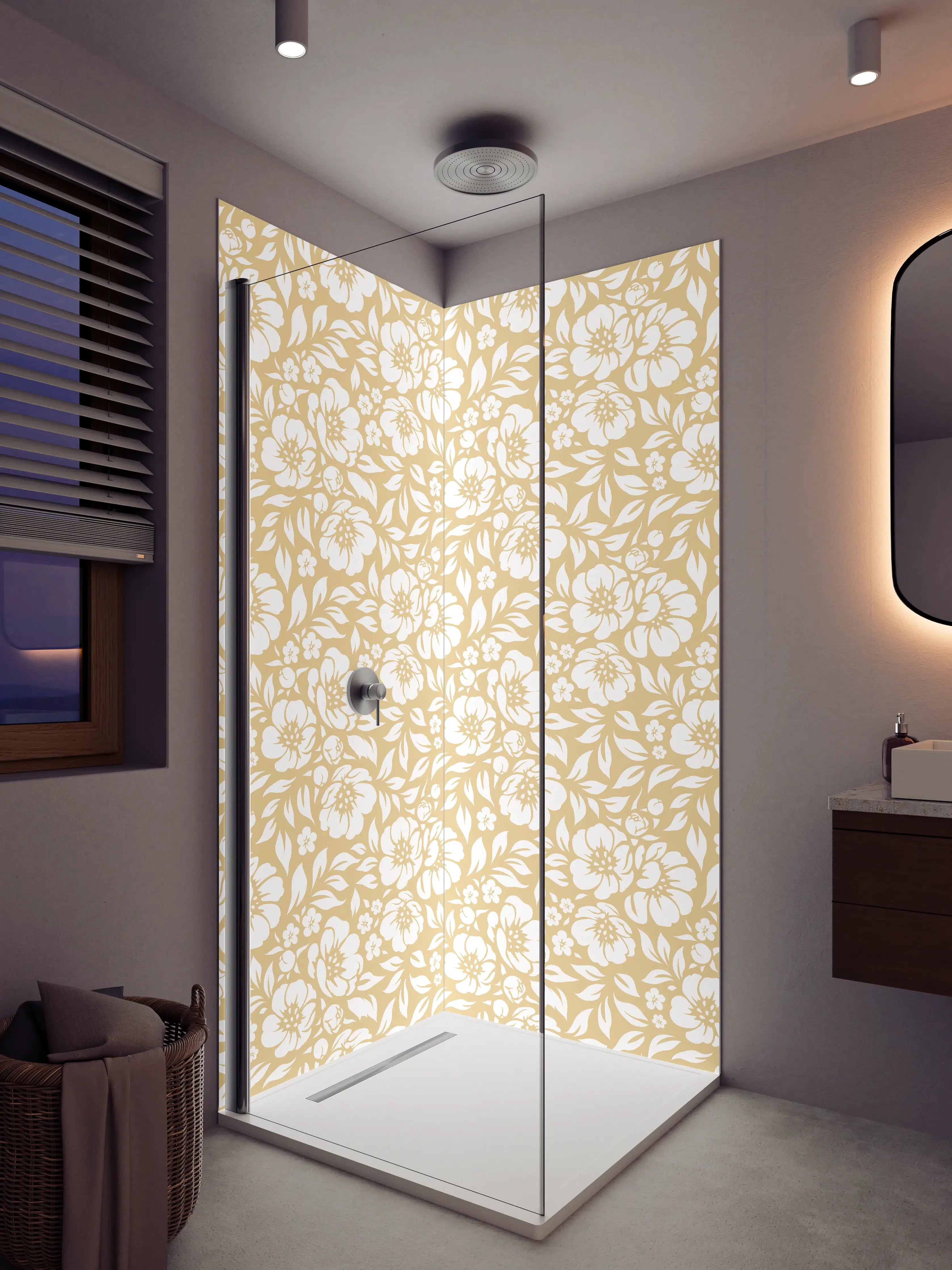 Duschrückwand - Beige Blumendekor mit weißem Muster
