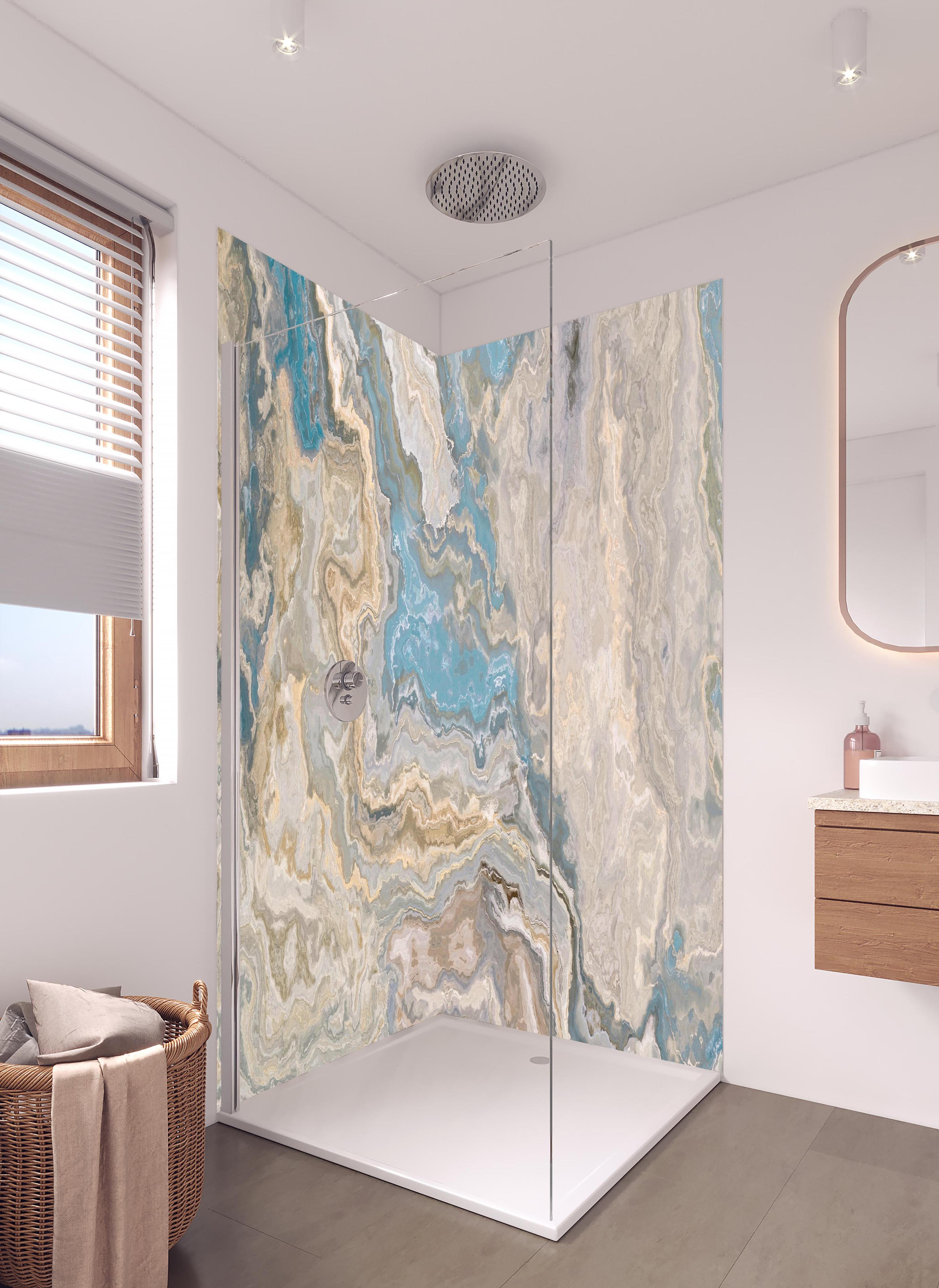 Duschrückwand - Beige Marmor Textur in hellem Badezimmer mit Regenduschkopf - zweiteilige Eck-Duschrückwand