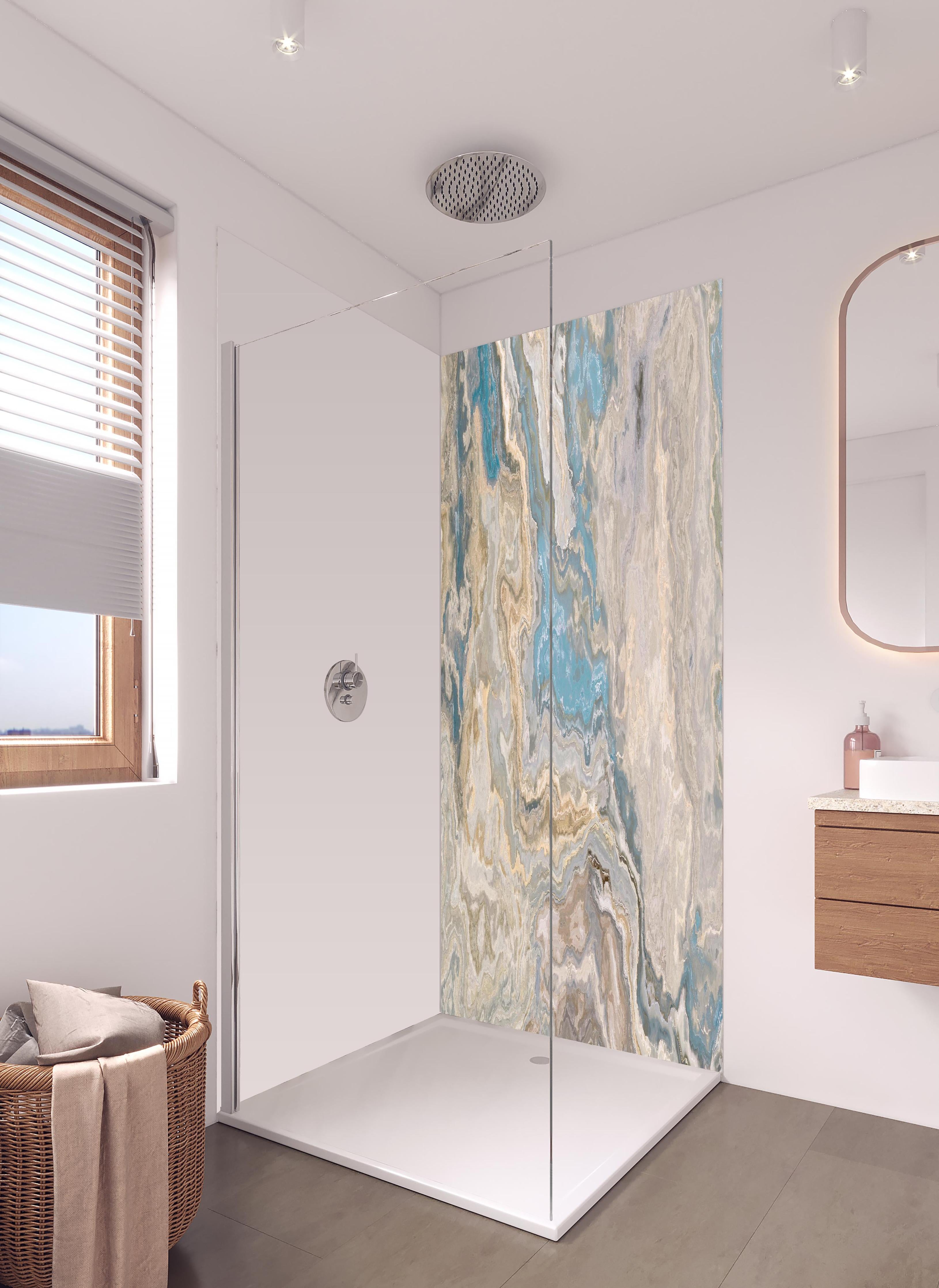 Duschrückwand - Beige Marmor Textur in hellem Badezimmer mit Regenduschkopf - zweiteilige Eck-Duschrückwand