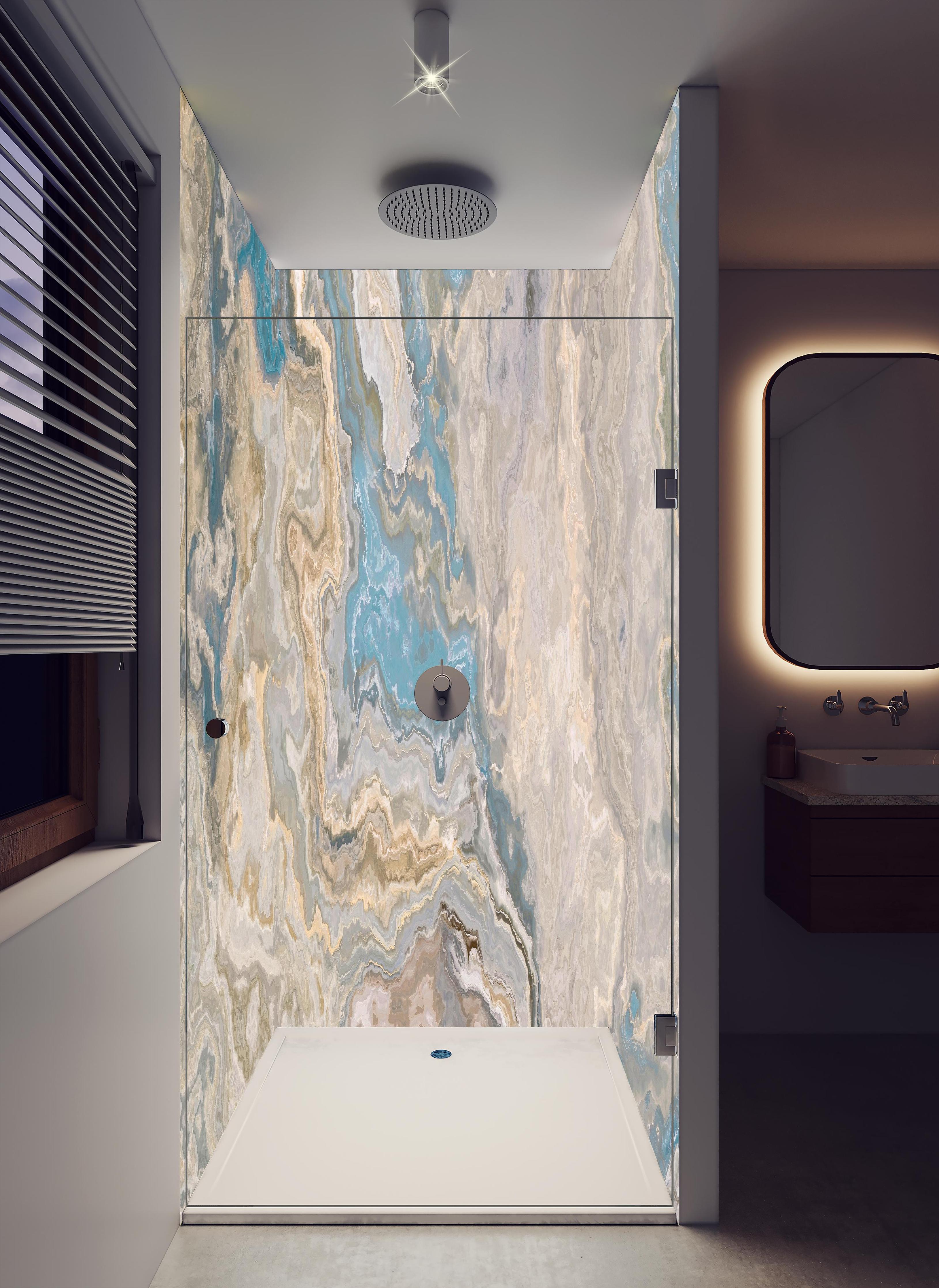 Duschrückwand - Beige Marmor Textur in hellem Badezimmer mit Regenduschkopf - zweiteilige Eck-Duschrückwand