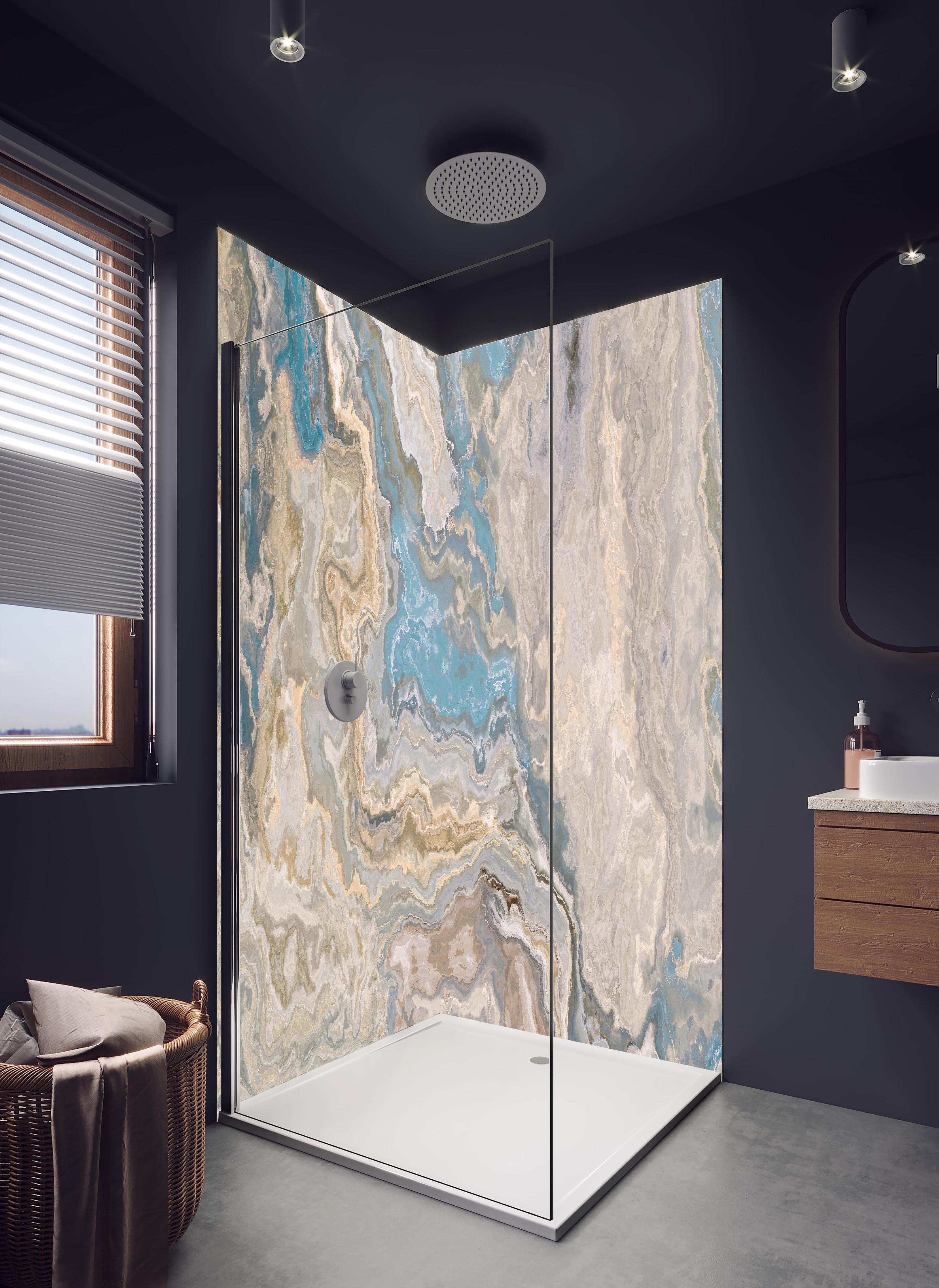 Duschrückwand - Beige Marmor Textur in hellem Badezimmer mit Regenduschkopf - zweiteilige Eck-Duschrückwand