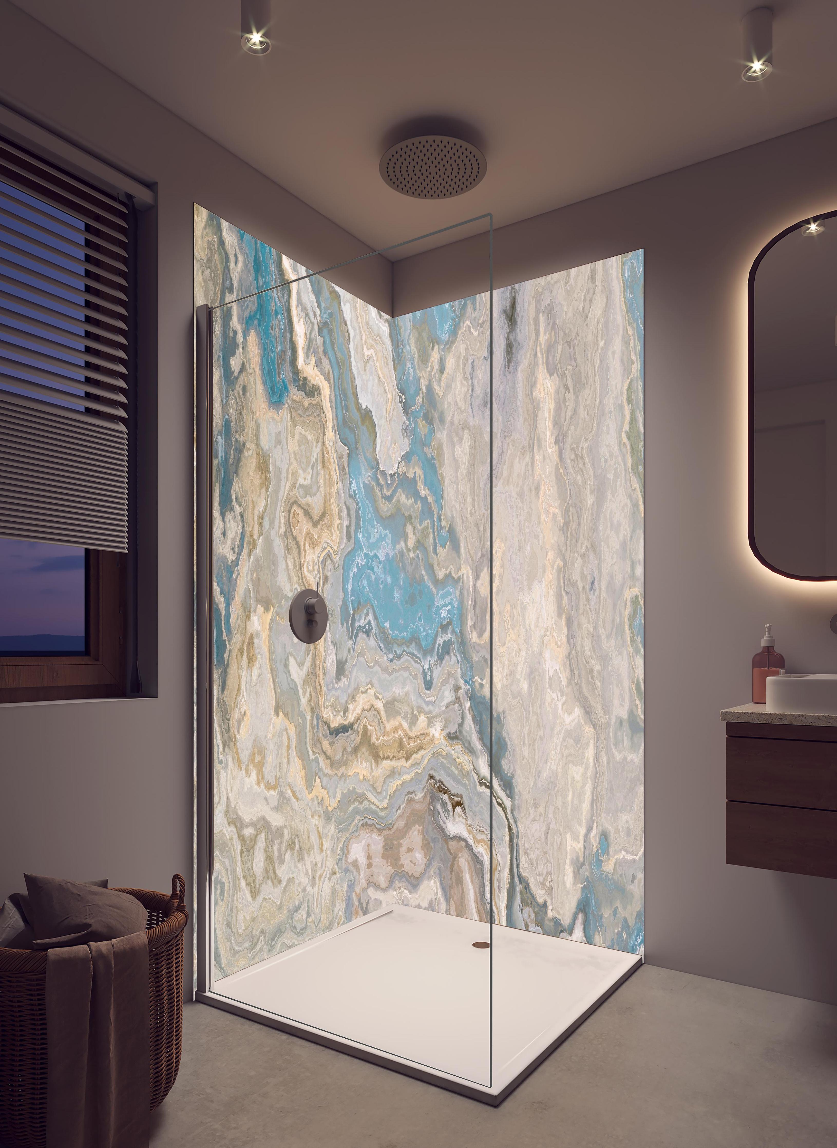 Duschrückwand - Beige Marmor Textur in hellem Badezimmer mit Regenduschkopf - zweiteilige Eck-Duschrückwand