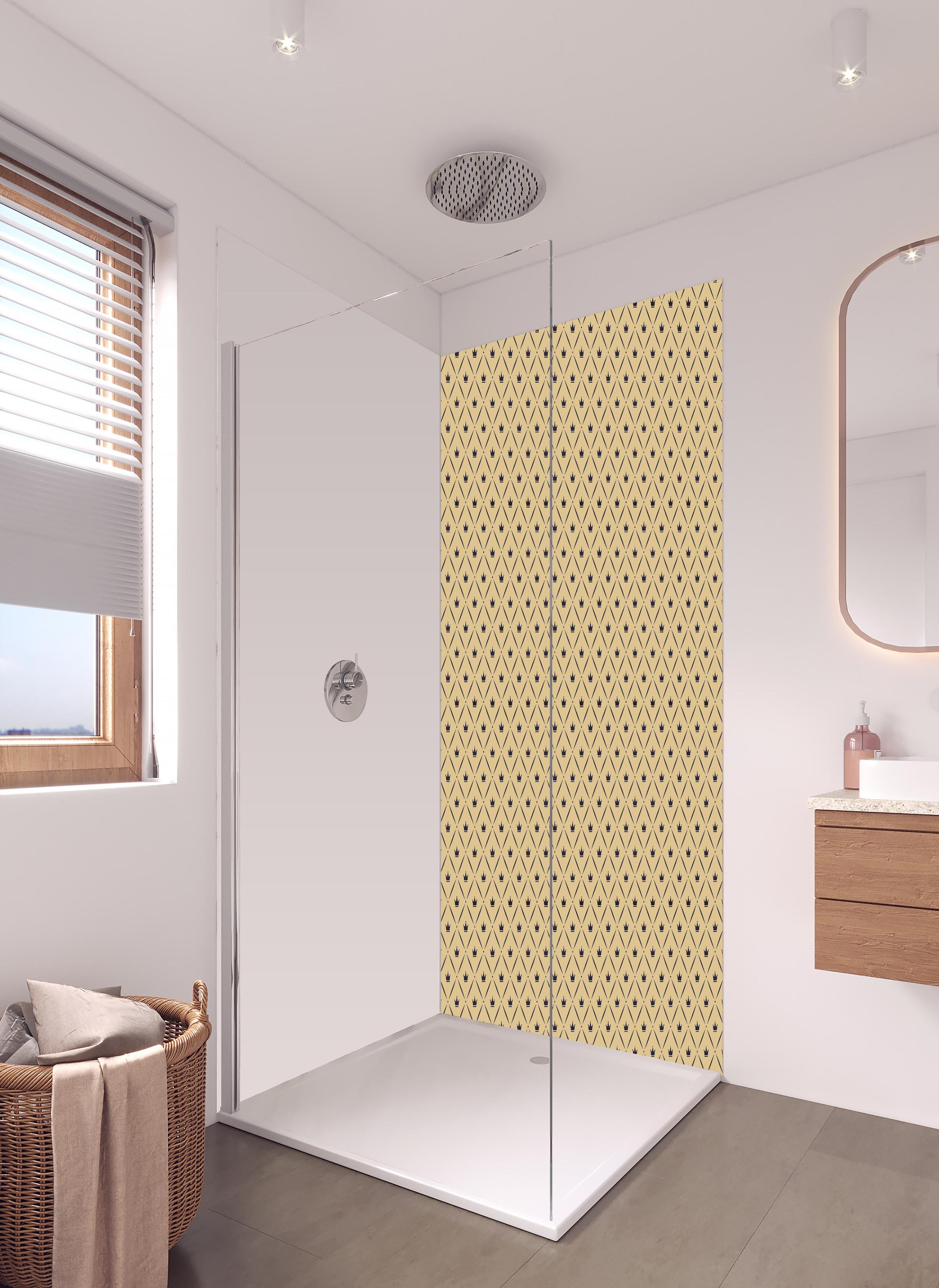 Duschrückwand - Beige Textiloptik mit dezentem Muster in hellem Badezimmer mit Regenduschkopf - zweiteilige Eck-Duschrückwand