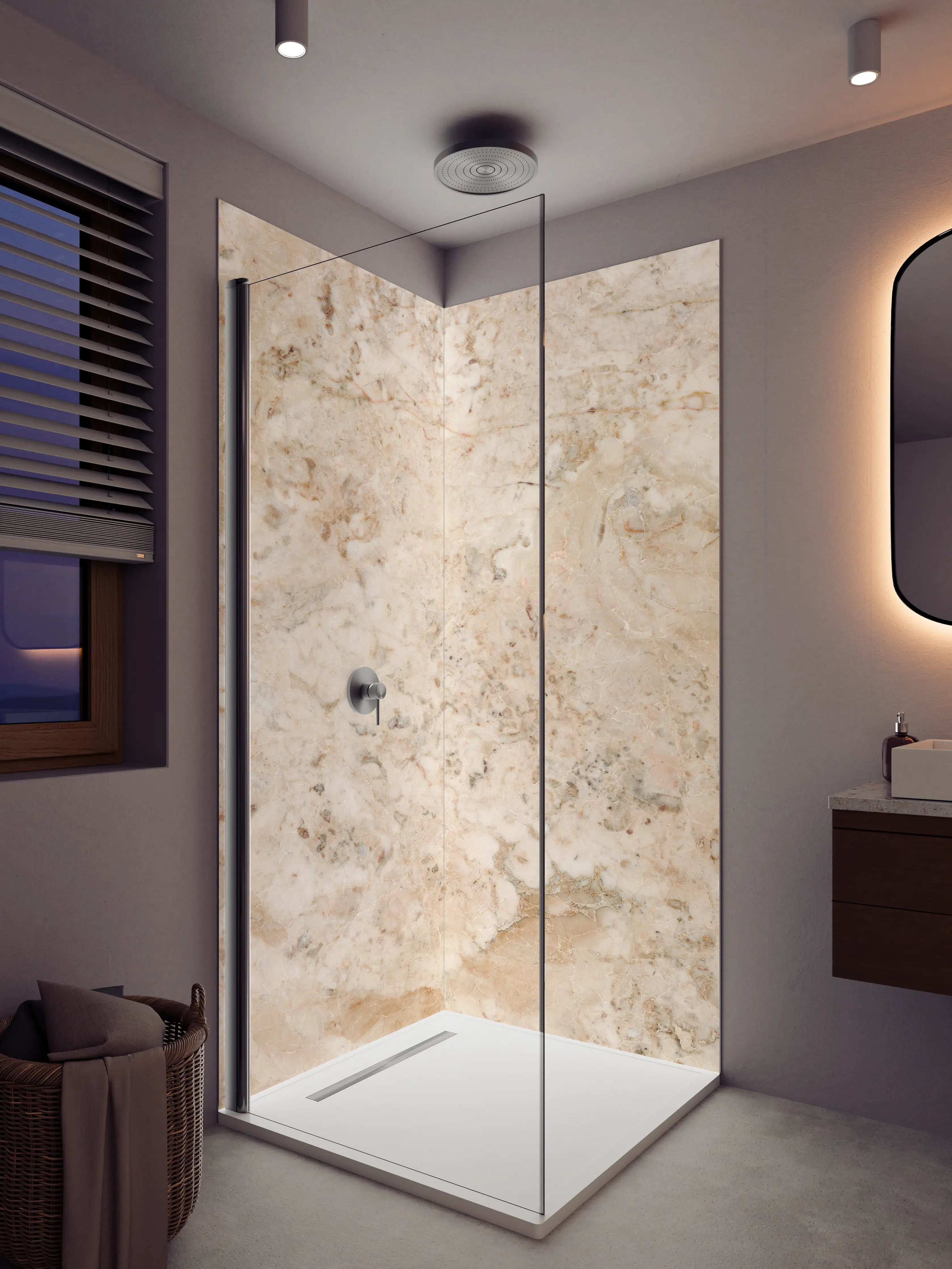 Duschrückwand - Beige Travertin-Optik mit natürlicher Struktur
