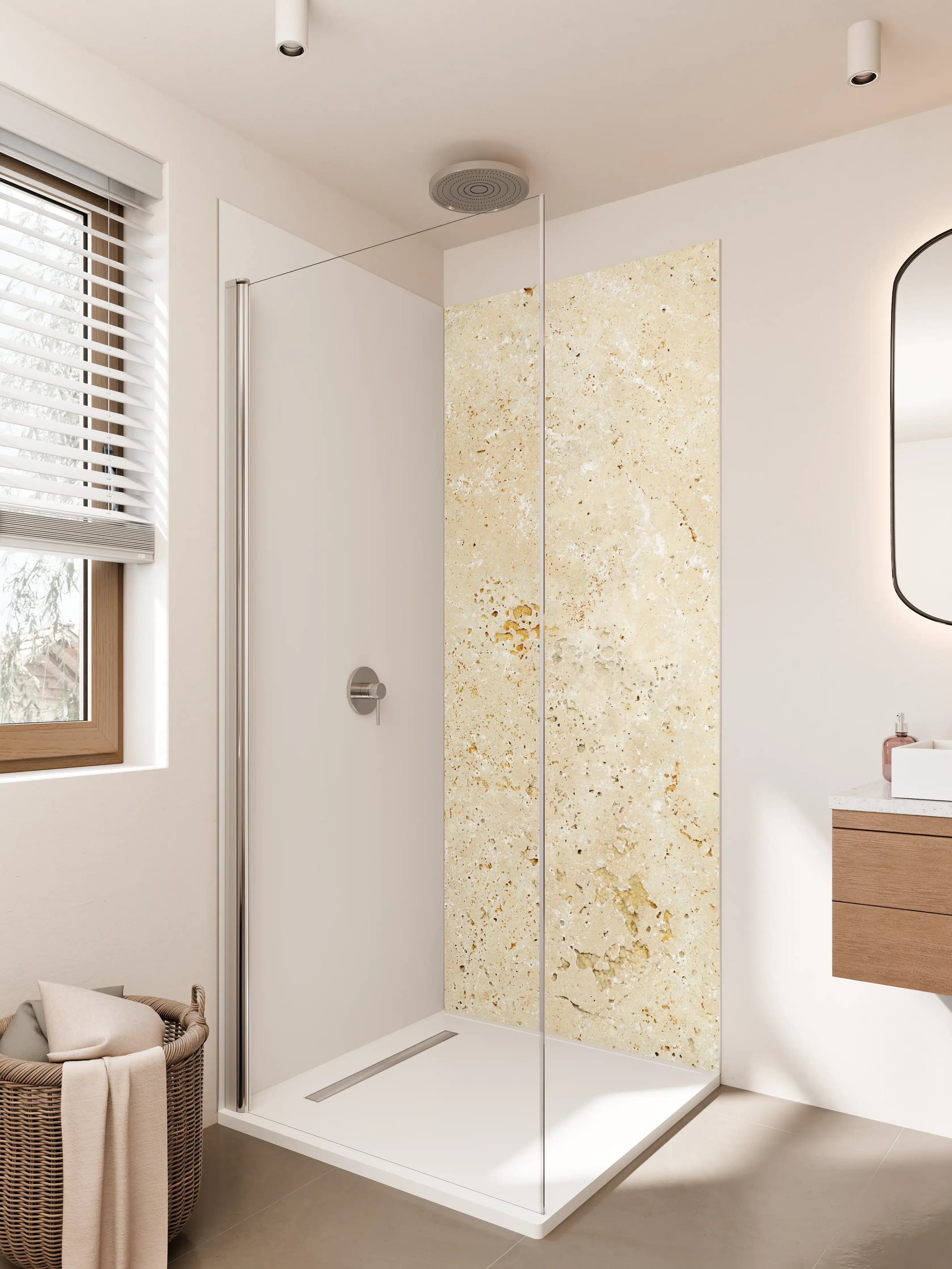 Duschrückwand - Beige Travertin-Optik mit warmen Farbtönen